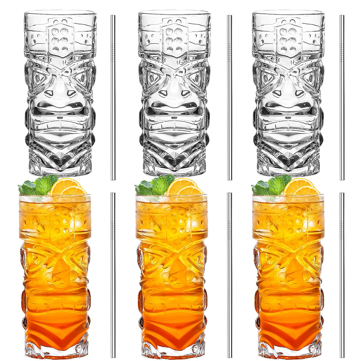 Clear Tiki Glasses Set of 6-14 oz Modern Bar Tiki Cocktail Glasses Perfect for Exotic Cocktails,Mai Tai, Hawaiian Style Cocktails, Tropical Island Drinksware Set
