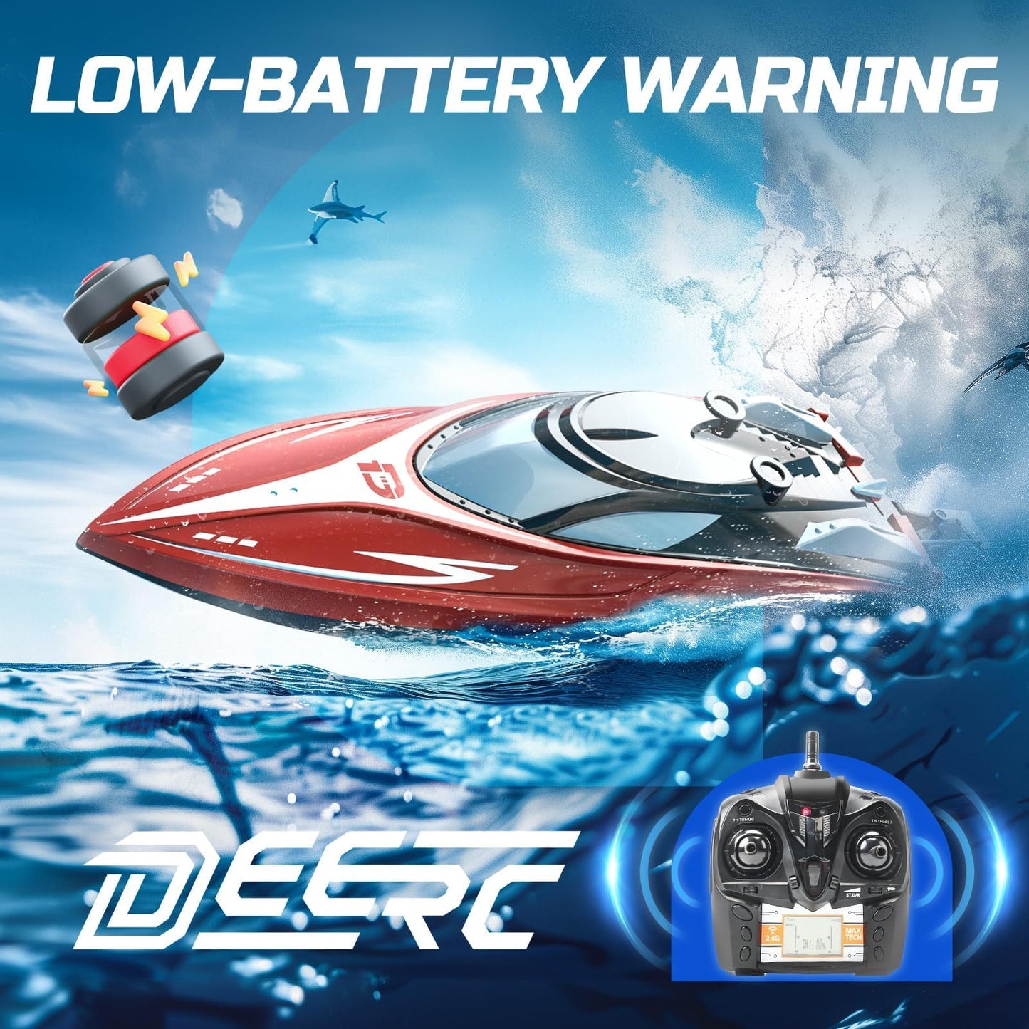 DEERC H120 RC Boat for Kids & Adults, 20+MPH Fast Remote Control Boat for Pool & Lake, 2.4GHz Racing Boat W/Rechargeable Battery, Low-Battery Alarm, Capsize Recovery, Great Gift for Boys Girls