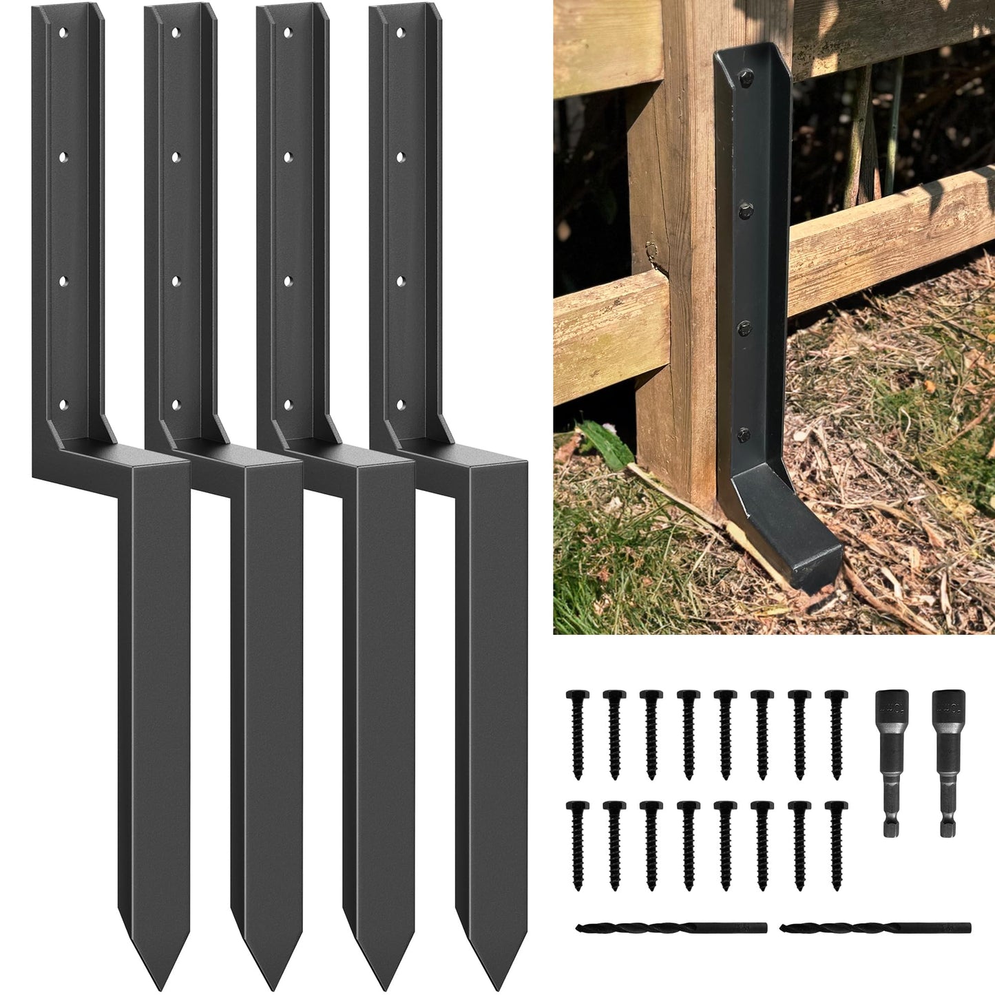 AKINGKONG Fence Post Repair Kit - Thickened 11-Gauge Steel Anchors & Stake for Broken/Leaning 4x4/6x6 Wood Posts (One-Piece, 4-Pack)