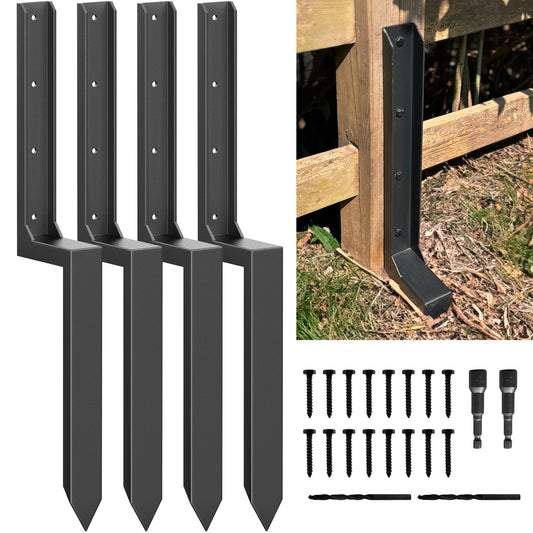 AKINGKONG Fence Post Repair Kit - Thickened 11-Gauge Steel Anchors & Stake for Broken/Leaning 4x4/6x6 Wood Posts (One-Piece, 4-Pack)