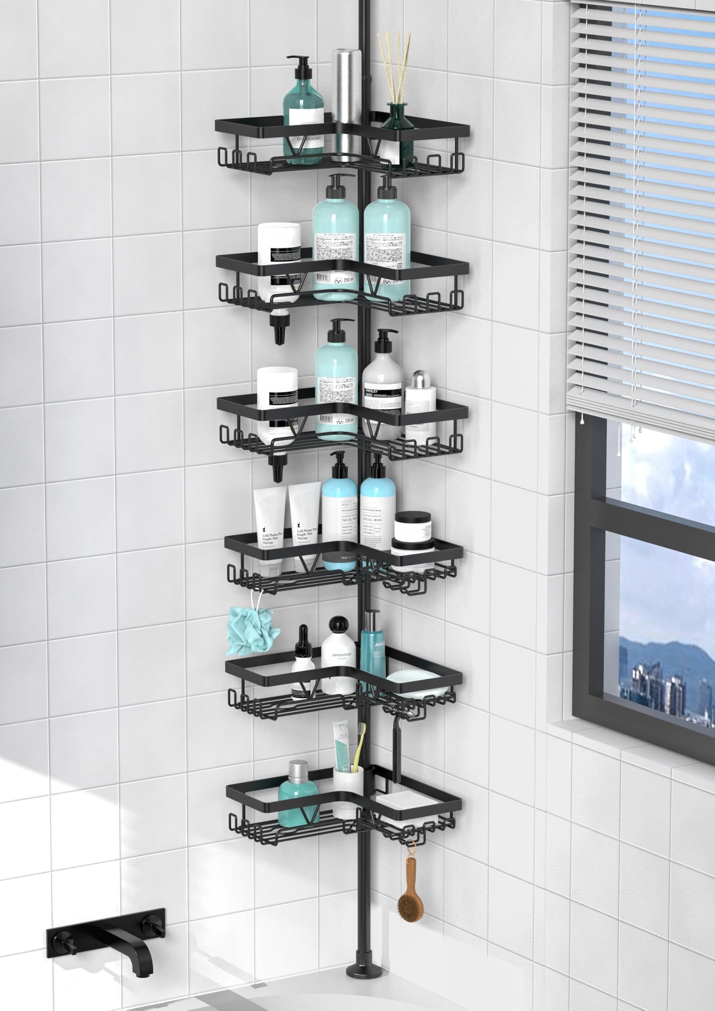 KEGII 6-Tier Corner Shower Caddy Tension Pole - Shower Tension Rod Organizer, Floor to Ceiling Shower Caddy 25-114.2 inch, Black