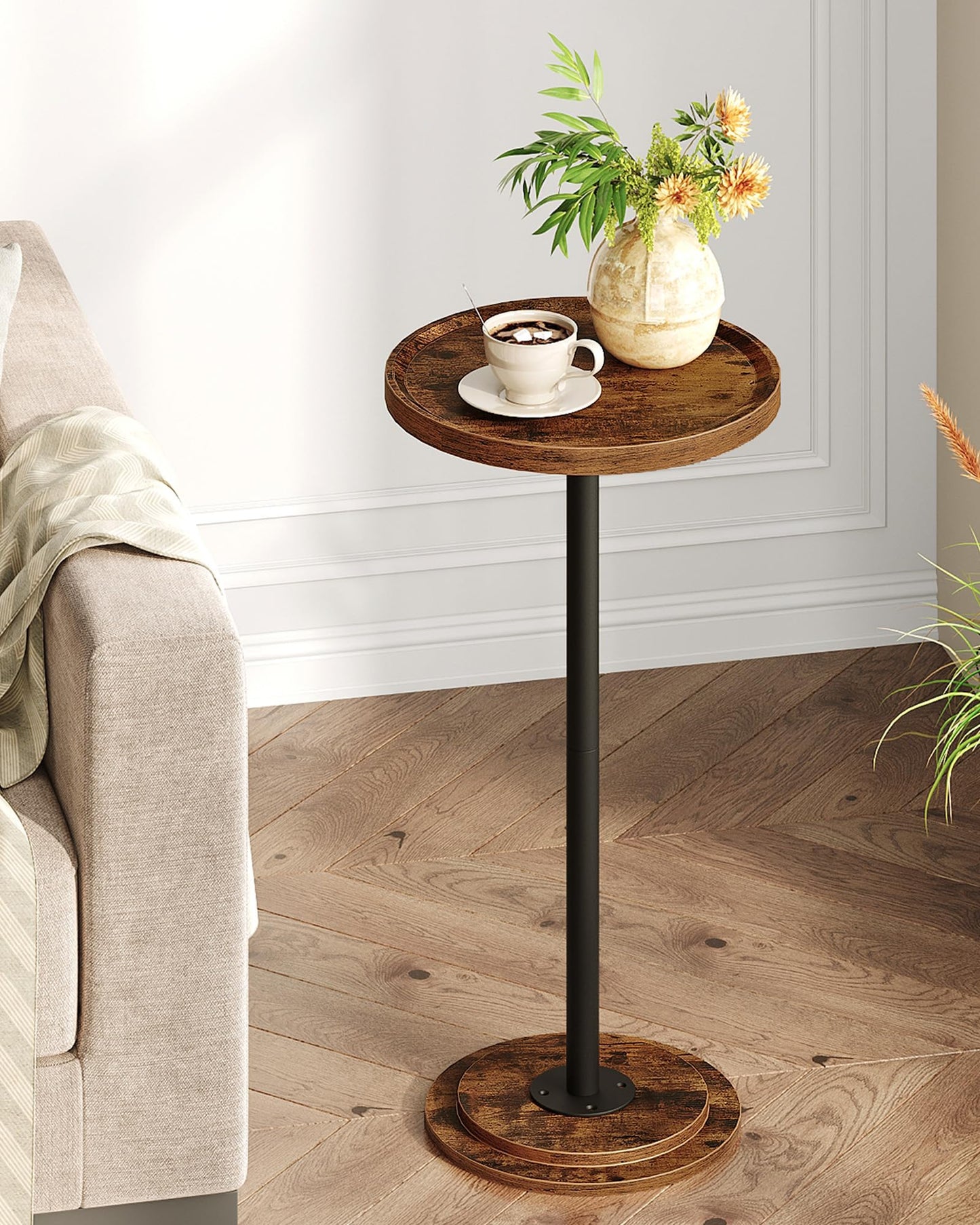 CHOEZON Small Round Side Table, Drink Table, Pedestal Table for Small Spaces, Martini Table, Thickened Base, Living Room, Bedroom, Office, Rustic Brown and Black TBZ30BF