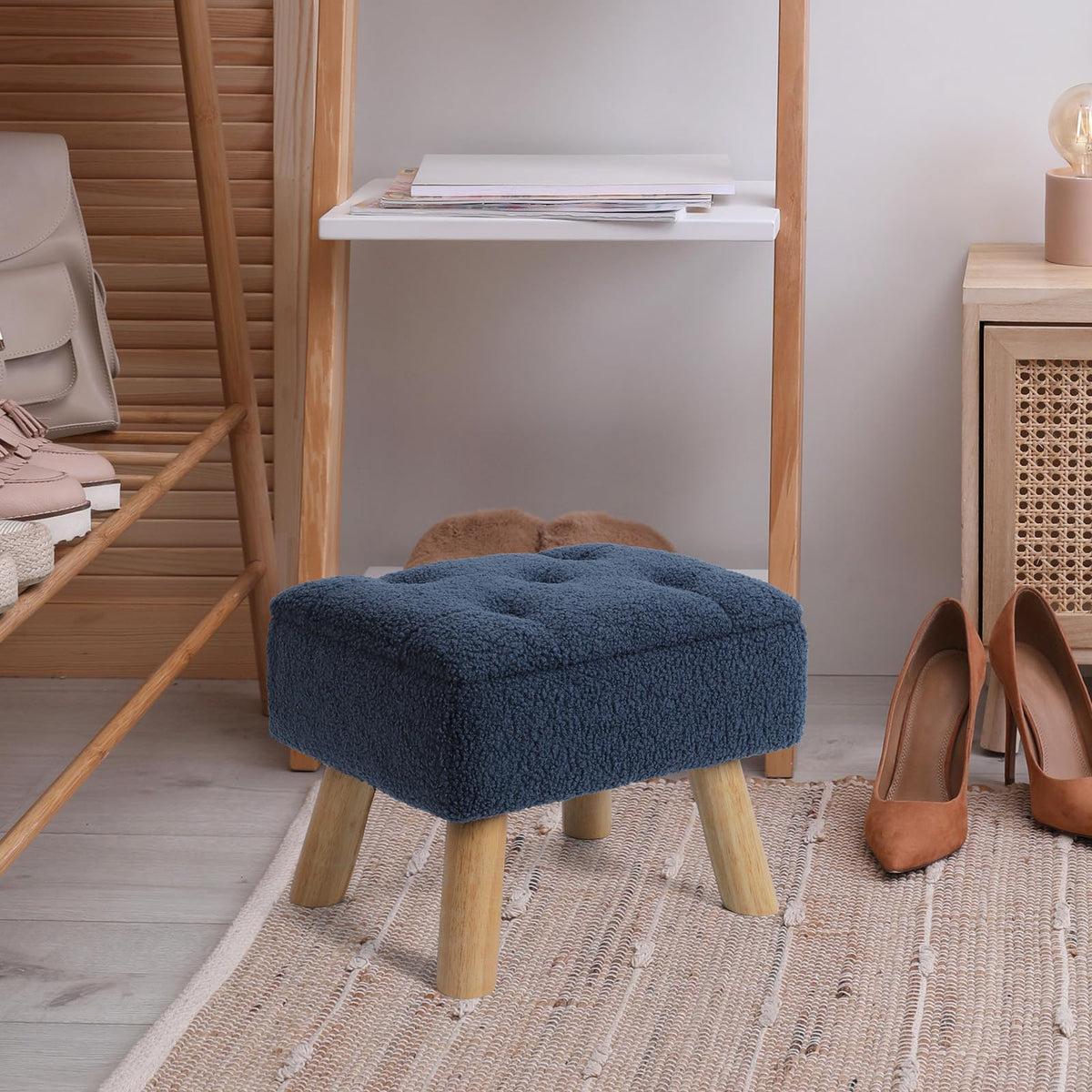 OGEMXU Storage Ottoman, Small Foot Stool Ottoman with Storage, Boucle Teddy Velvet Foot Rest with Padded Seat. (Dark Blue)