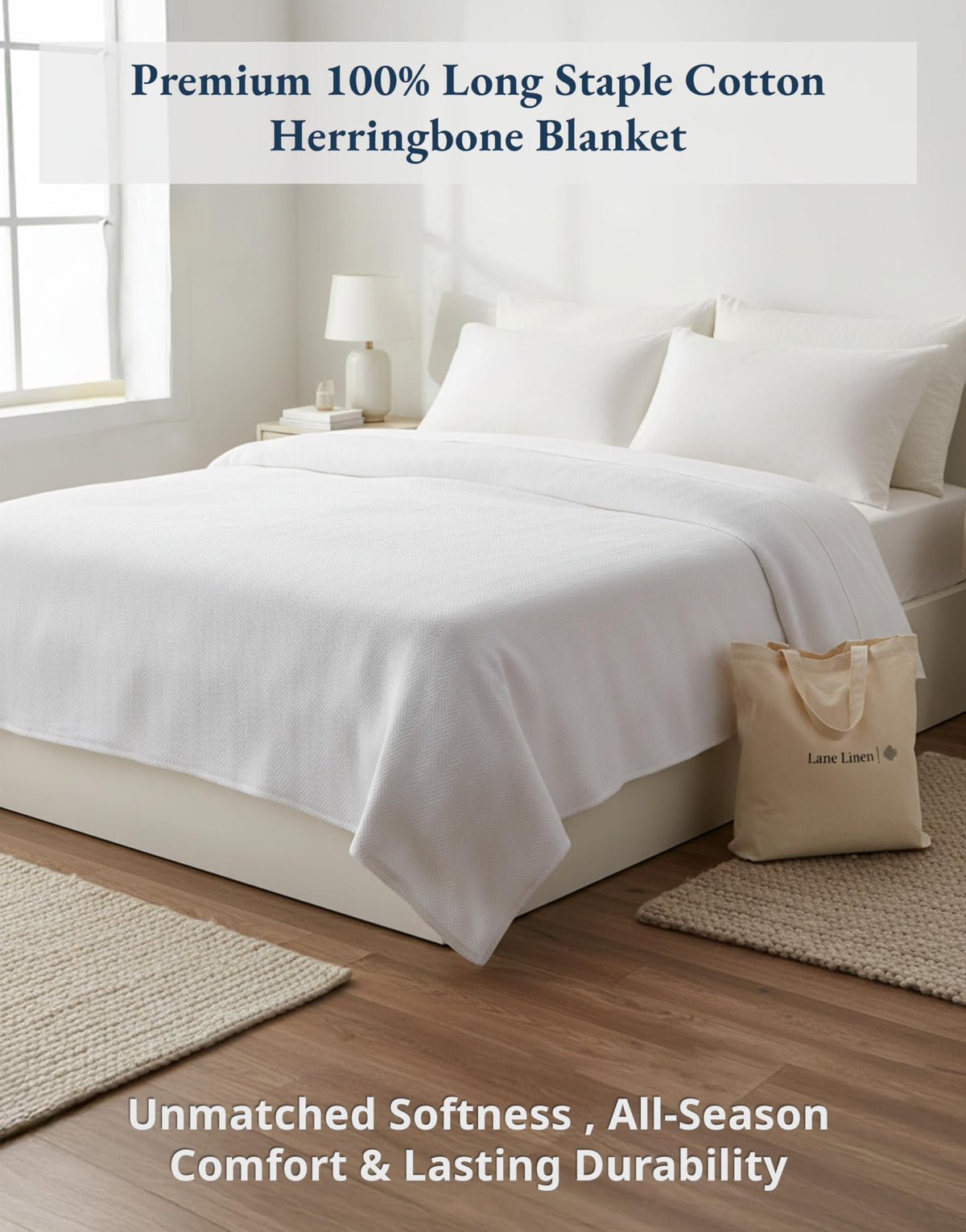 Lane Linen Queen Size Blanket – All-Season 100% Cotton, Soft & Cozy Woven Texture, Lightweight & Breathable Bed Blanket, Durable Thermal Layering Blanket, 90"x90" – White