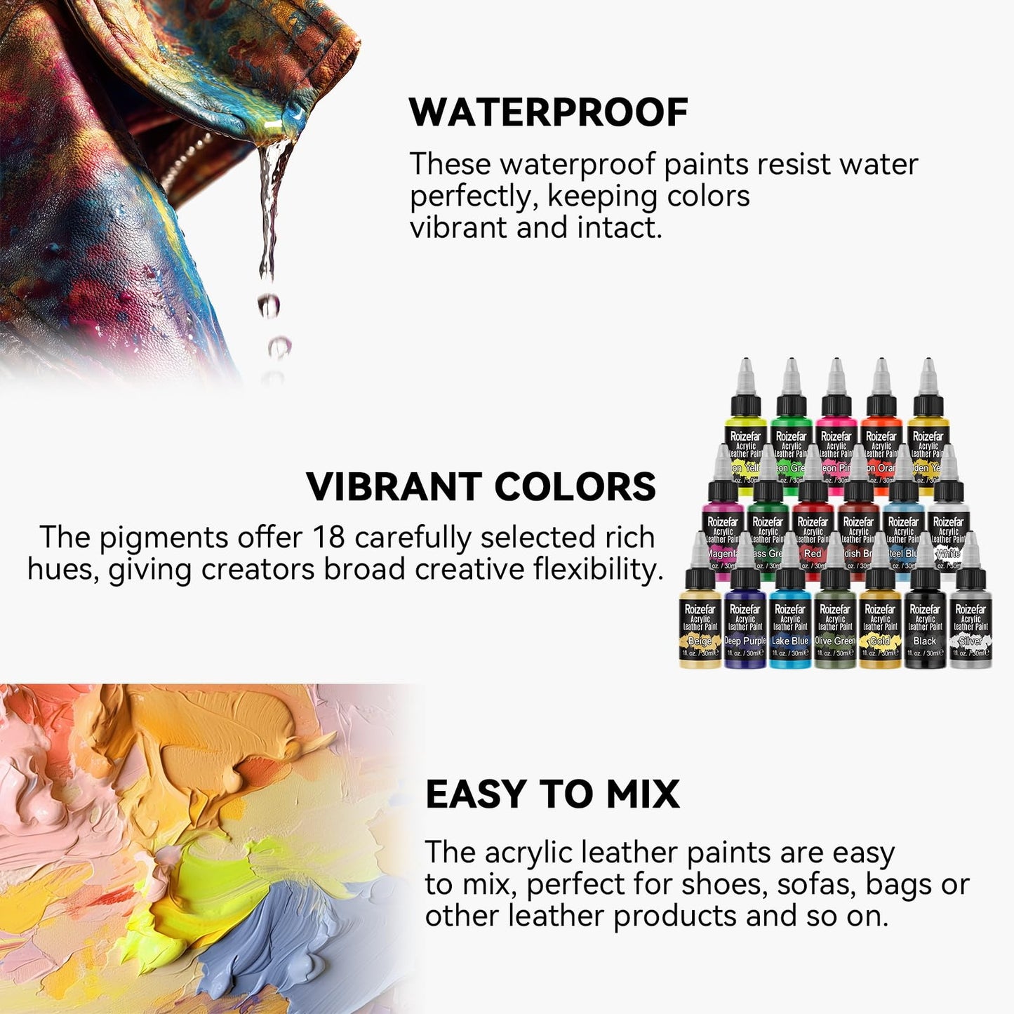 Roizefar Acrylic Leather Paint, Ultimate All-in-One 20 x 30ml Kit with Deglazer & Finisher, 18 Colors Flexible & Waterproof Leather Dye for Shoes, Bags, Jackets, Sneakers, Couches, Car Seats, Sofa