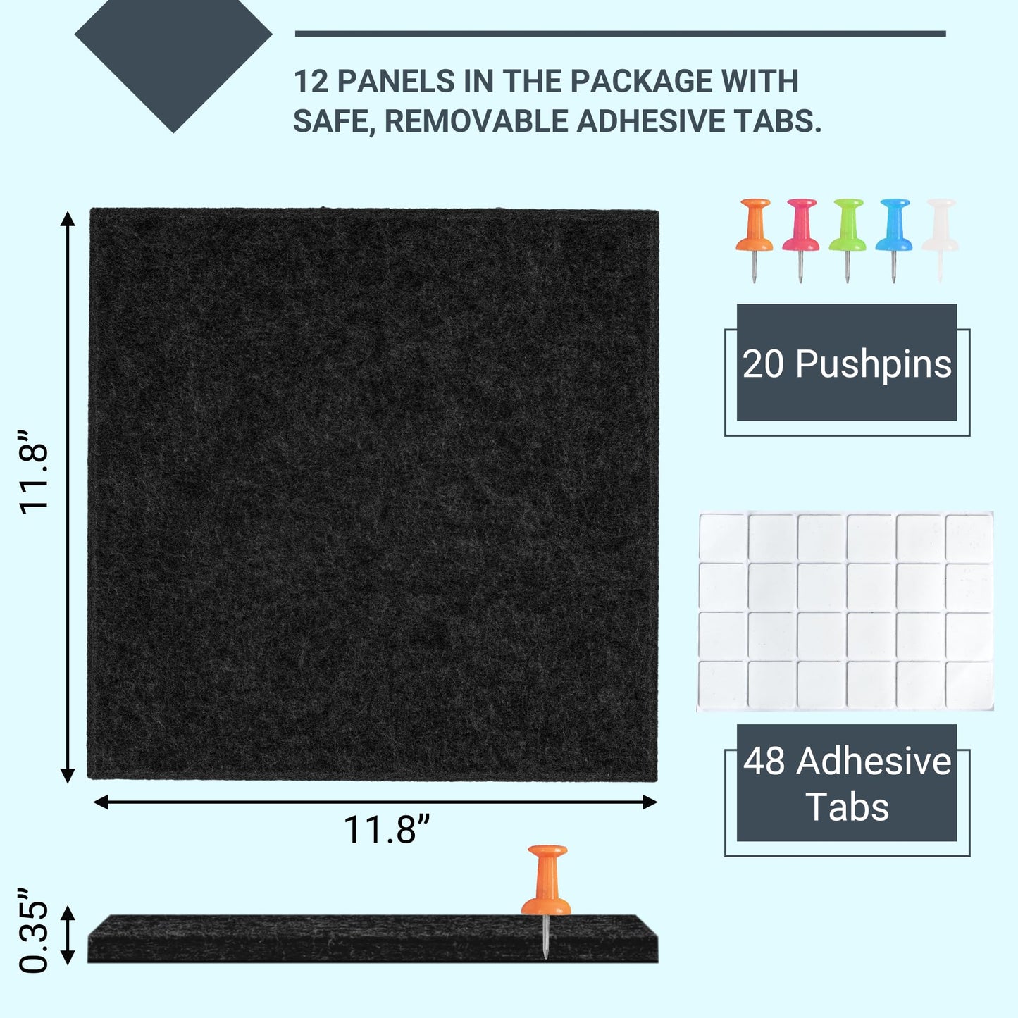 AKTOP Black Cork Bulletin Board 47"x35", 12 Pack Removable Felt Cork Board Tiles for Wall, Large 48 x 36 Bulletin Board Notice Pin Board for Office, School & Home, 48 Safe Adhesive Tabs, 20 Pushpins