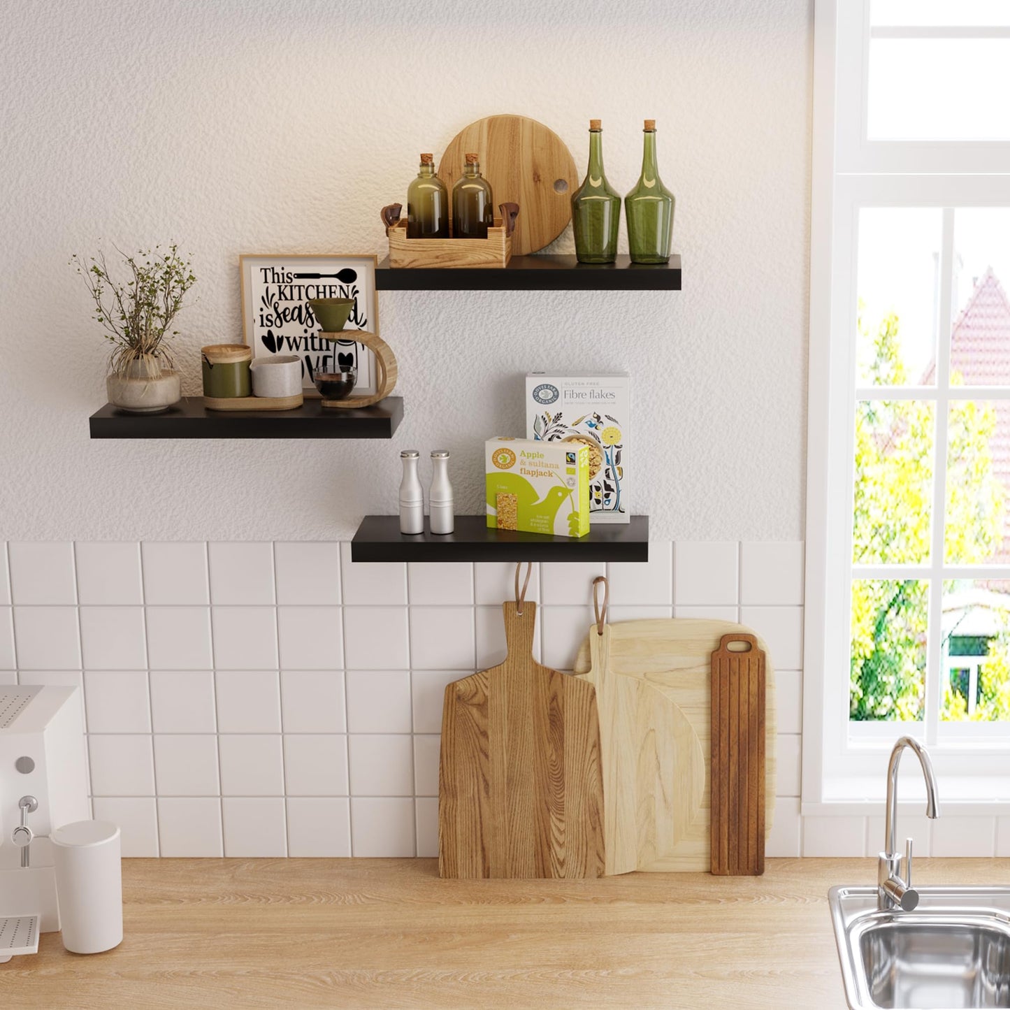 upsimples 16.5" L Black Wooden Floating Shelves with Invisible Brackets, Wall Mounted Modern Wood Shelves Set of 3, for Bathroom Bedroom