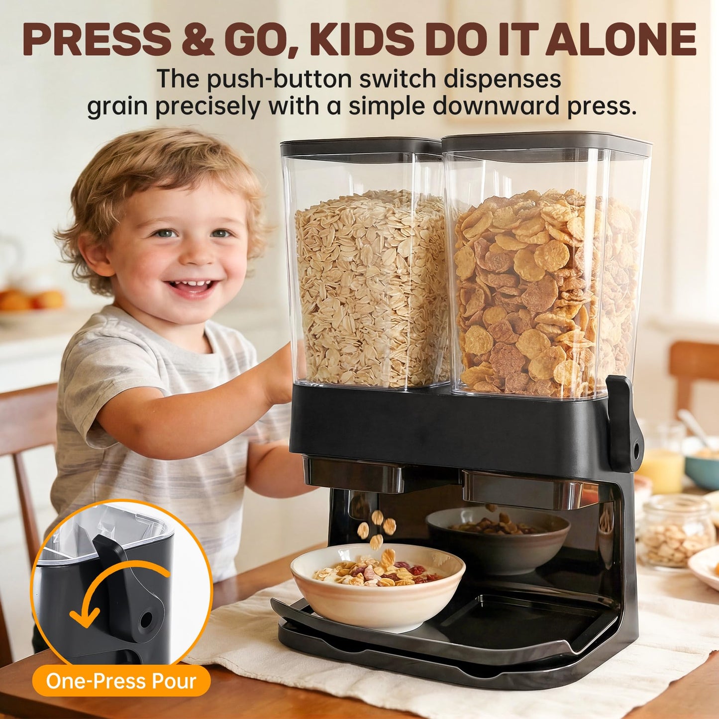 Adorabby Cereal Dispenser Countertop 2 Pack, Double 3L Airtight Cereal Storage Container for Kitchen Pantry, Large Capacity Clear Dry Food Organizer For Cereal, Nuts, Coffee Beans, Pet Food