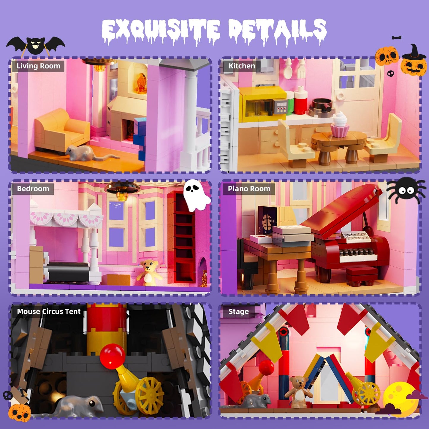 Pink Girls House Building Set with Light, Haunted House Construction Building Toys, Architecture Building Kit for Adults, Halloween for Boys Kids 8-12 (1537 PCS)
