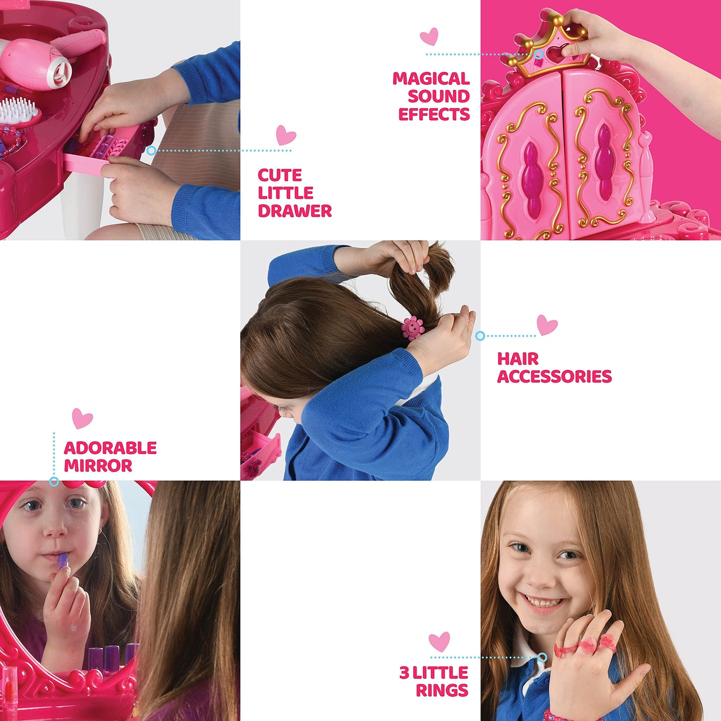 Play22 Pretend Play Girls Vanity Set with Mirror and Stool 20 PCS - Kids Makeup Vanity Table Set with Lights and Sounds - Kids Beauty Salon Set Includes Fashion Hair & Makeup Accessories & Blowdryer