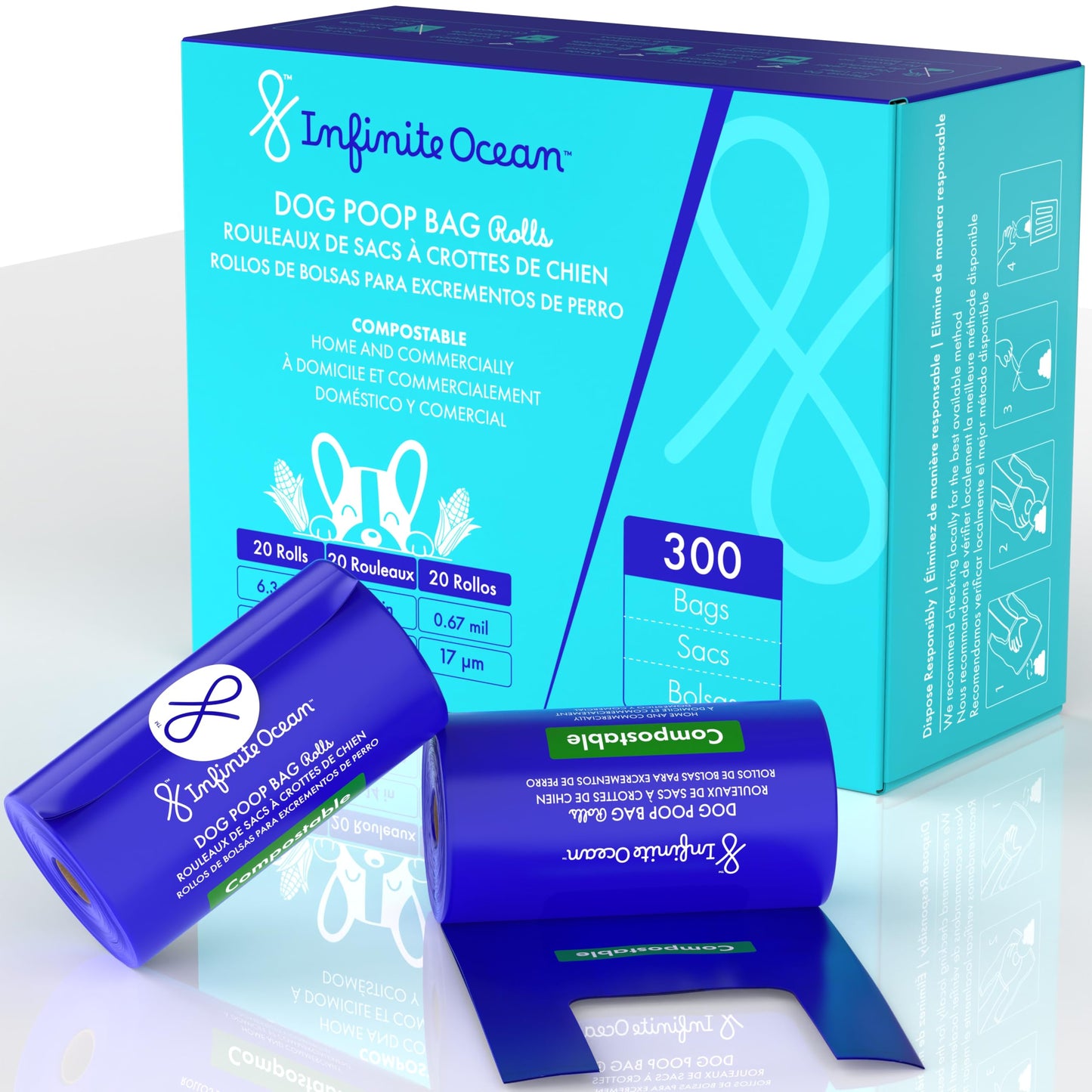 Certified Home Compostable Dog Poop Bag Rolls, 300 Count Tie-Handle & Gusseted Leak-Proof, Odor-Proof, Thick Blue Refill Rolls, Unscented