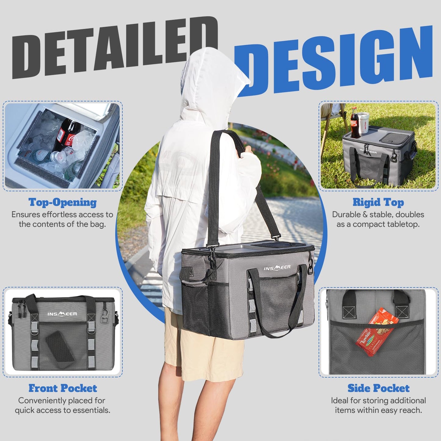 INSMEER Hard Top Soft Cooler with 2 Cup Holders, Large Foldable Cooler Bag - 40L/70 Cans, 100% Leakproof/Insulated/Portable Glaciere with Shoulder Strap for Travel, Beach, Camping, BBQ, Events