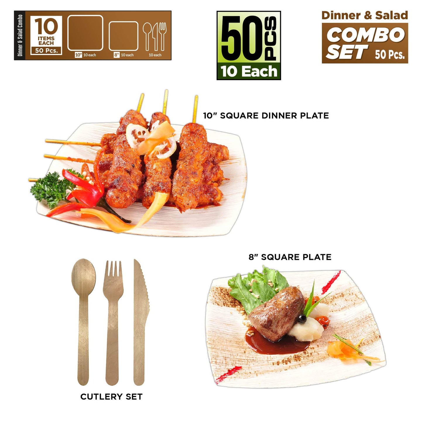 Bio Mart Square Dinnerware Set - Areca Palm Leaf Plates & Cutlery | 10-Inch & 8-Inch Quadrato | 50 Pcs Eco-Friendly Biodegradable & Compostable Dining Kit