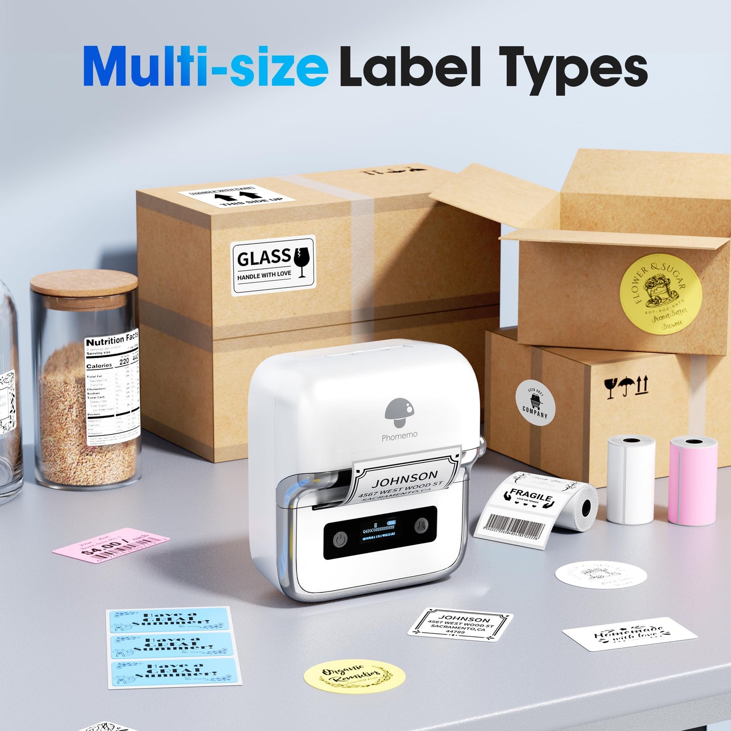 Phomemo M250 Label Maker, 3 Inch Thermal Label Printer, Label Maker Machine with Tape, Barcode Label Printer for Small Bussiness, Home, Clothing, Address, Compatibel for Phone & PC, with 100 Labels