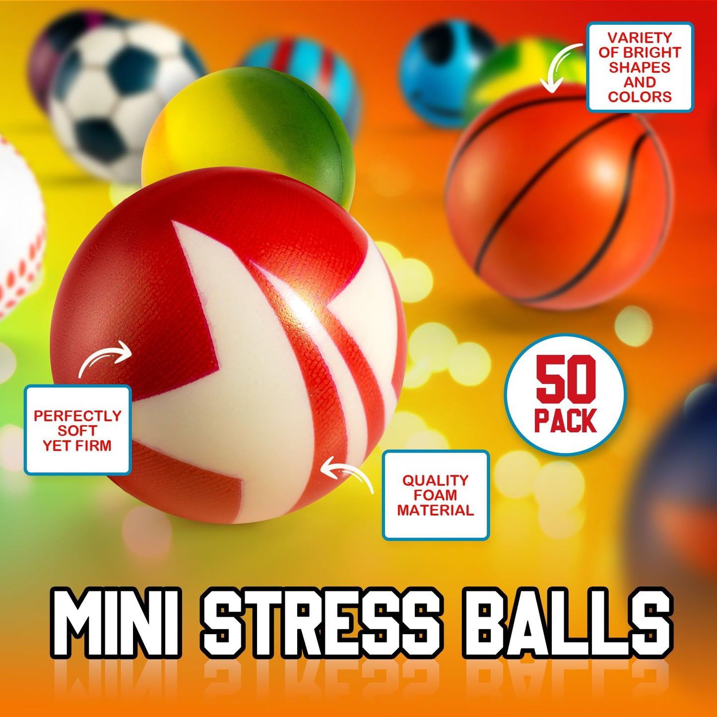 50 Mini Stress Balls Assortment - Bulk 2 Inch Soft Toy Variety Pack Stress Relief Balls, Squeezable Sensory Fidget Balls for Kids, Party Favors, Birthday Gifts for Boys & Girls