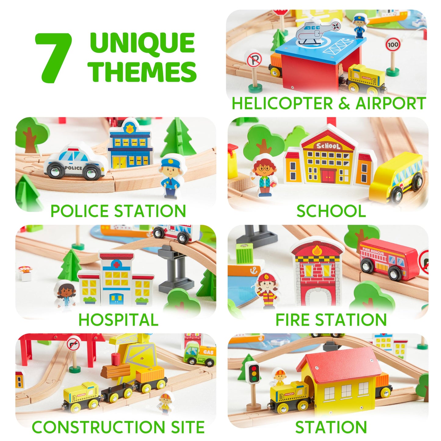 110PCS Montessori Wooden Train Set - Urban Journey, City Scene Railway Set with Magnetic Trains, Cars, Helicopter & Ship, Perfect Xmas Birthday Party Toy Gift for Kids Toddlers Boys Girls Ages 3-8