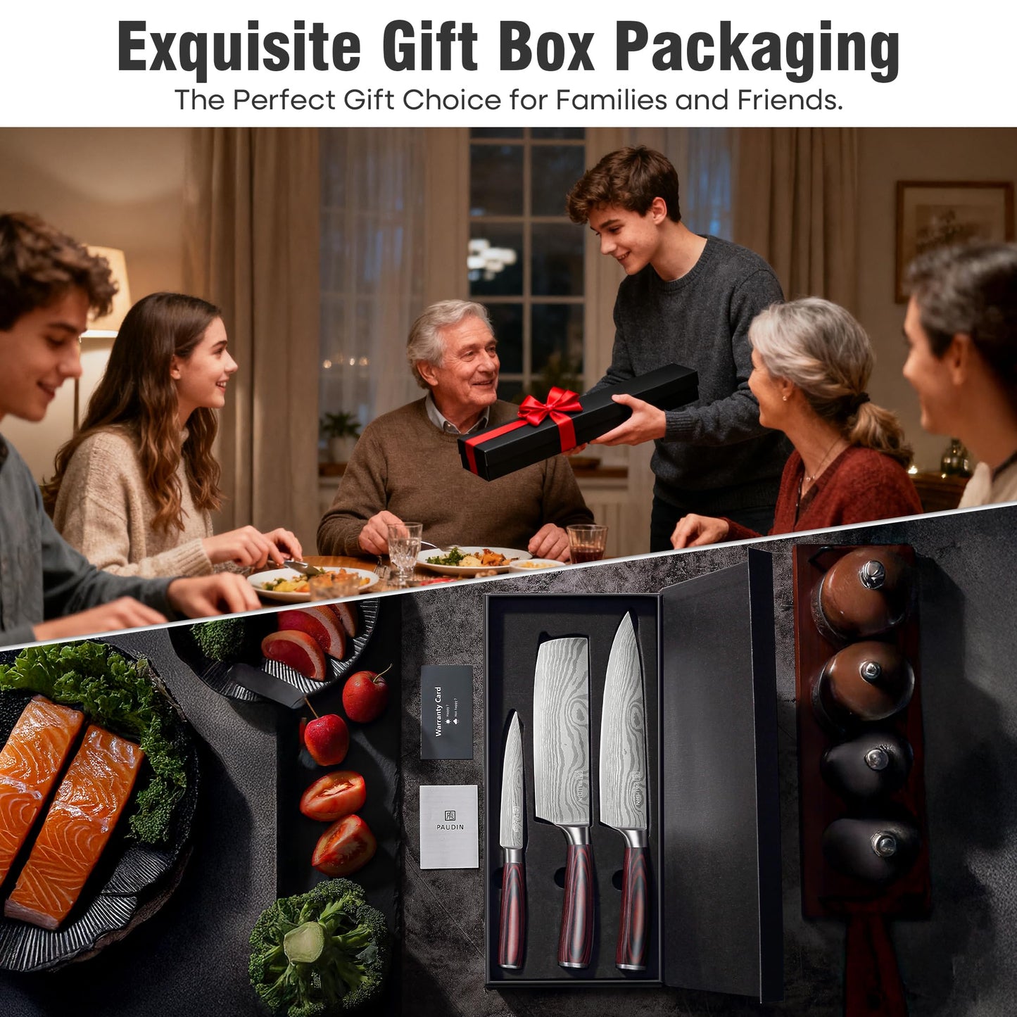 PAUDIN Kitchen Knife Set, Professional Knives Set, Chef Knife Set with Sharp High Carbon Stainless Steel Blade and Pakkawood Handle, Japanese Knife Set with Gift Box (3 PCS Knife Set)