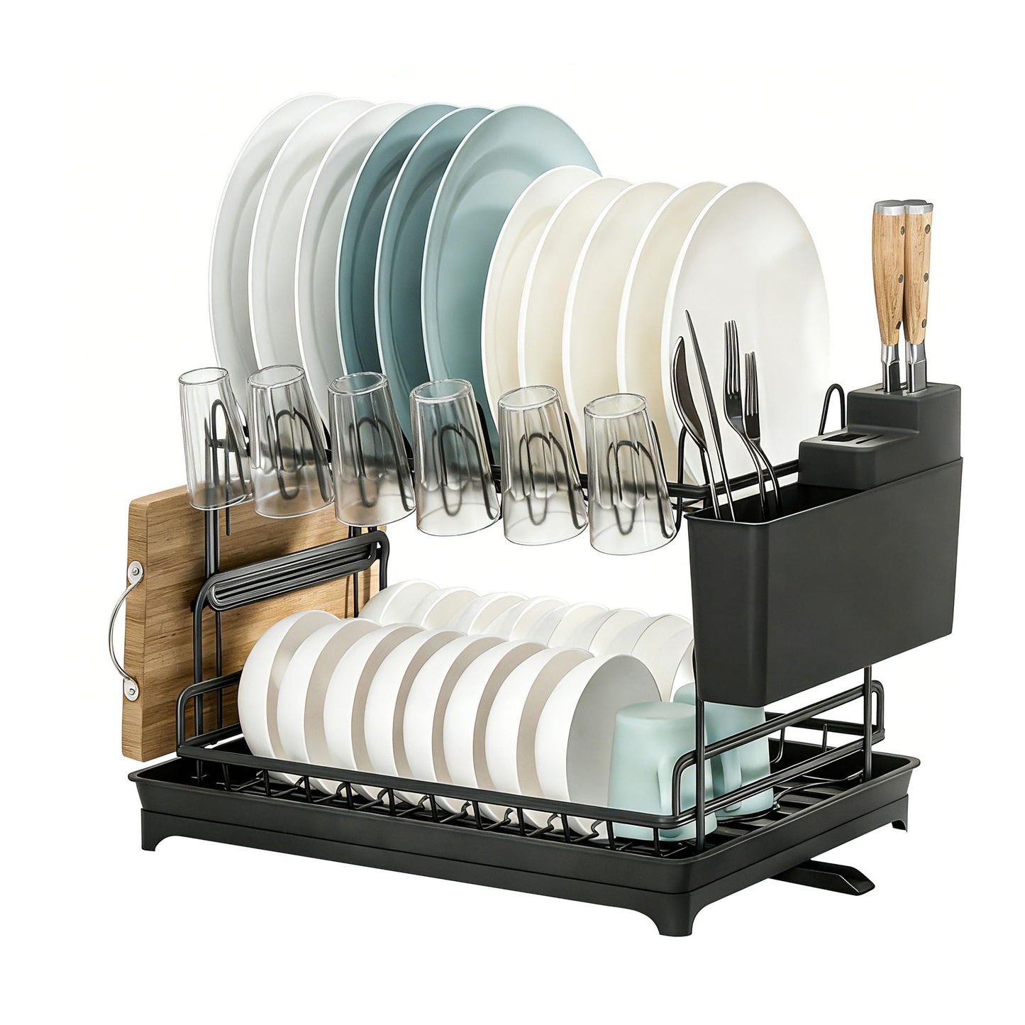 Veinvify 2 Tier Dish Drying Rack Carbon Steel Screw Free with Drainage Board Kitchen Counter Plate Bowl Utensil Holder Space Saving Black
