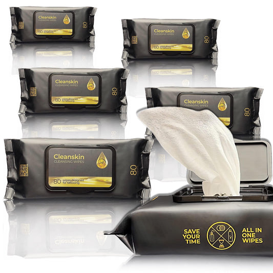 CleanSkin Cleansing Safe Green Soap Wipes for Tattooing All in One solution To Heal and Clean Tattoos, PMU & Piercings | Alcohol and Fragrance Free, Unscented | 80 Count (Pack of 6)
