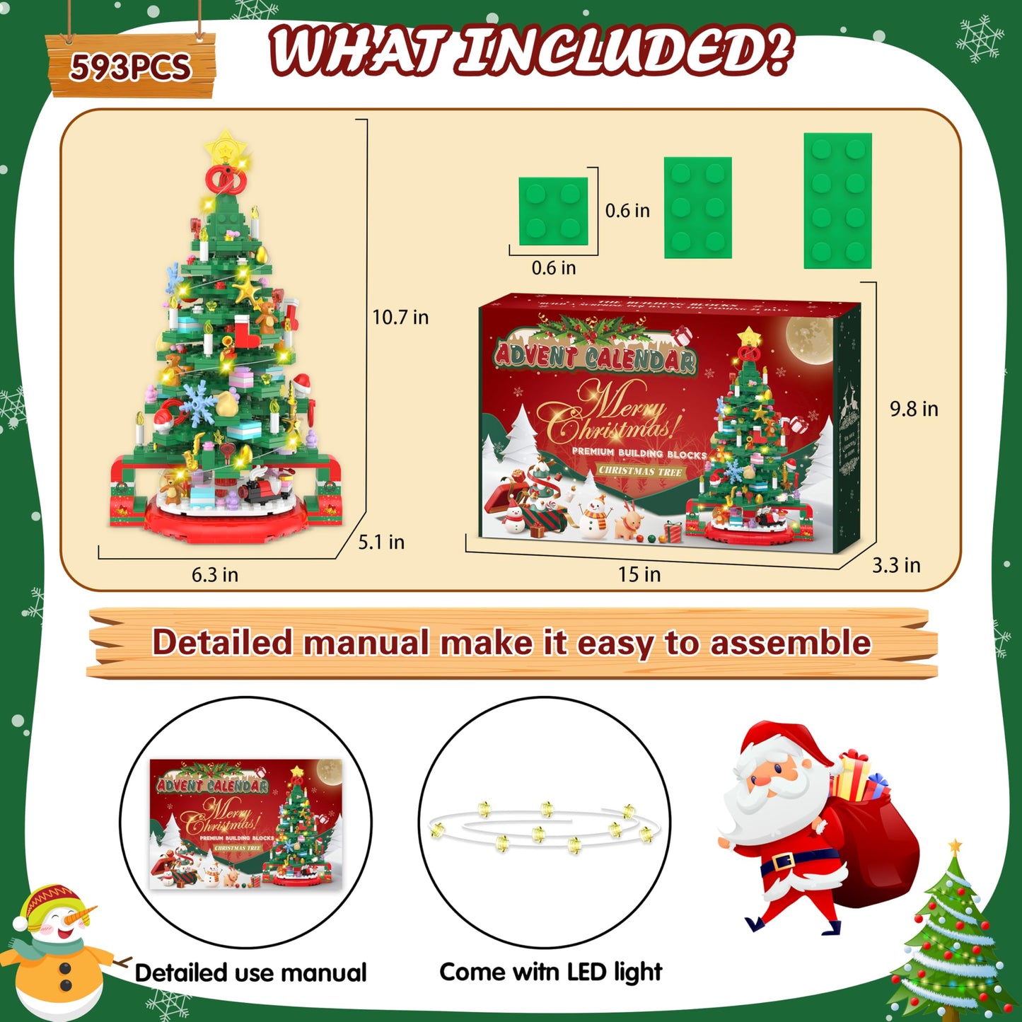 Advent Calendar 2025 Christmas Tree Building Set with LED Light, 24 Days Christmas Countdown Calendar Christmas Tree Building Blocks, Xmas Gifts for Adults Teens Kids