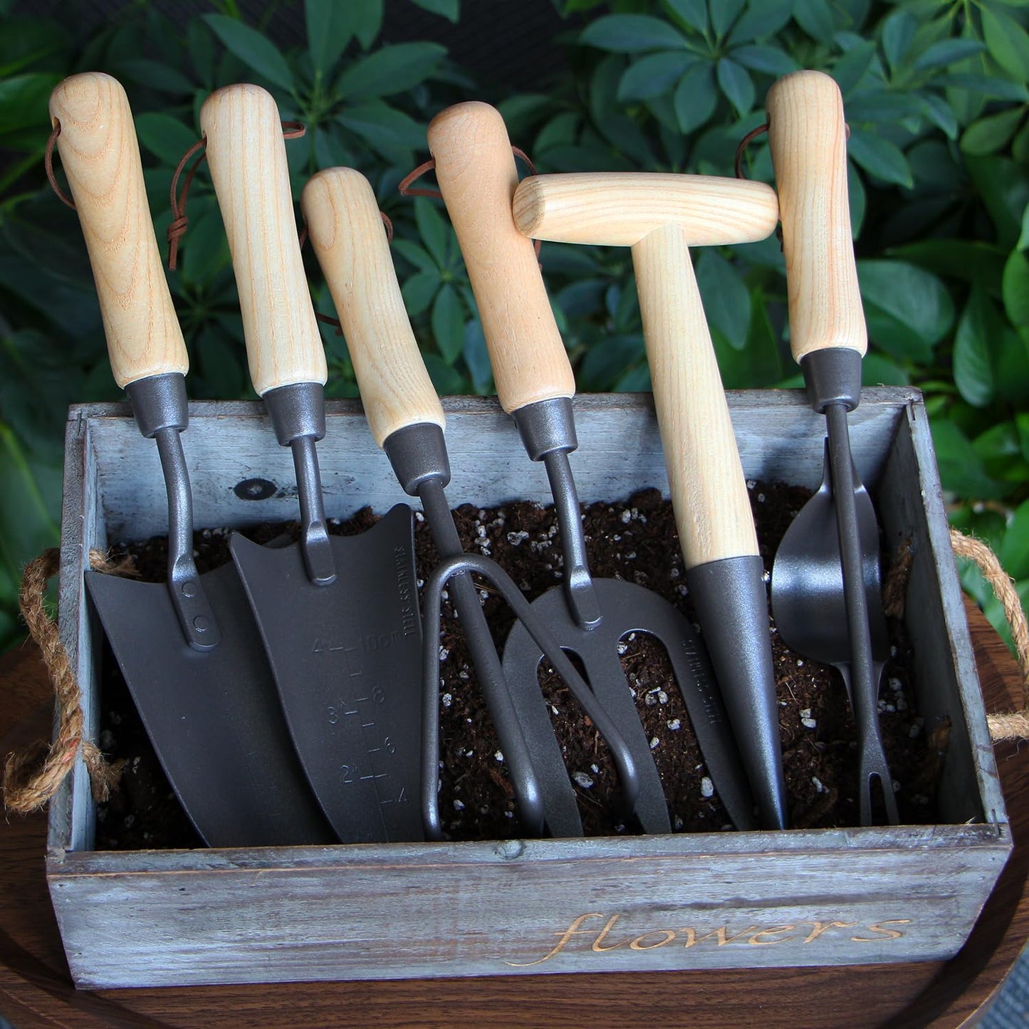 Japanese Gardening Tools Set, 6 Pcs Garden Tools Set, Black Painted Stainless Steel Heavy Duty Gardening Tools Kit, Hand Trowel, Dibble, Hand Rake, Weeder, Transplanter and Hand Folk
