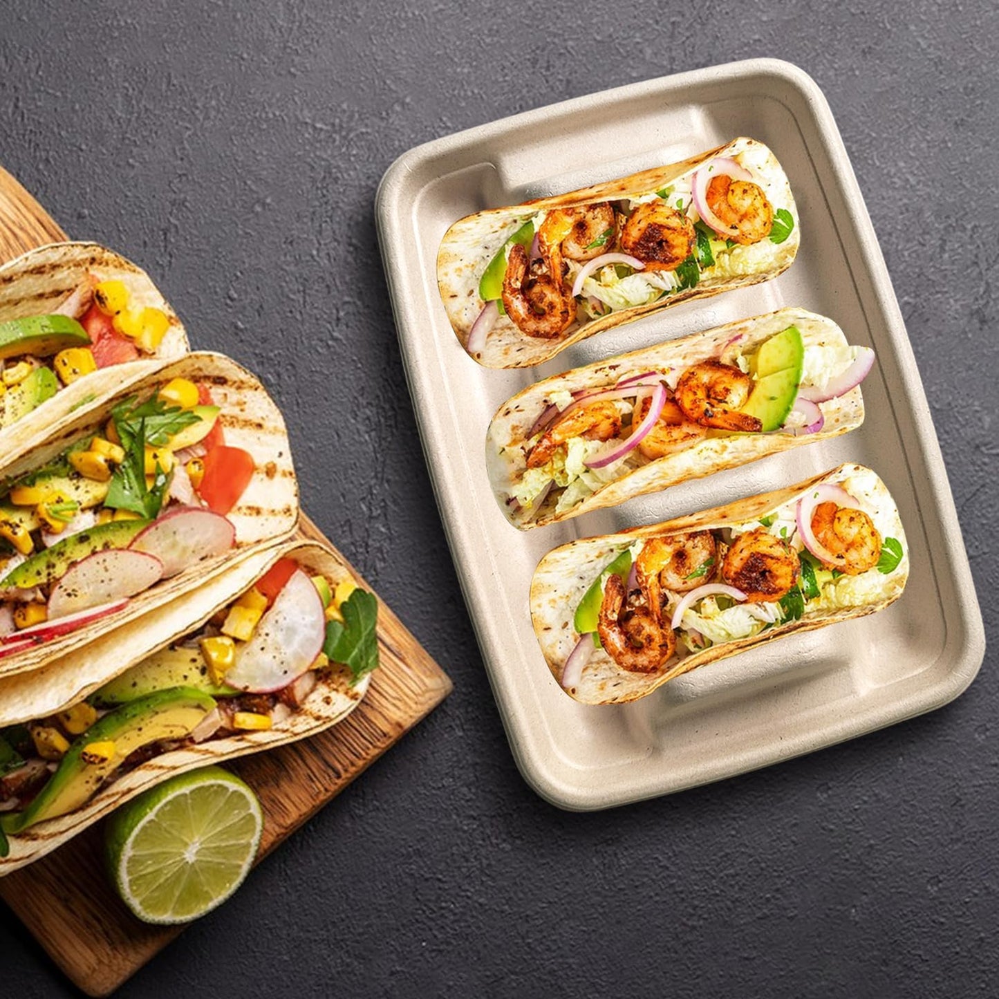 100PCS Disposable Taco Holder Stand,Disposable Taco Plates with 3 Dividers Stylish Rack Holds Up to 3 Tacos Each,Fiesta Holder for Taco Tuesday Lazy Susan Taco Bar,Food Serving Tray- Microwave Safe