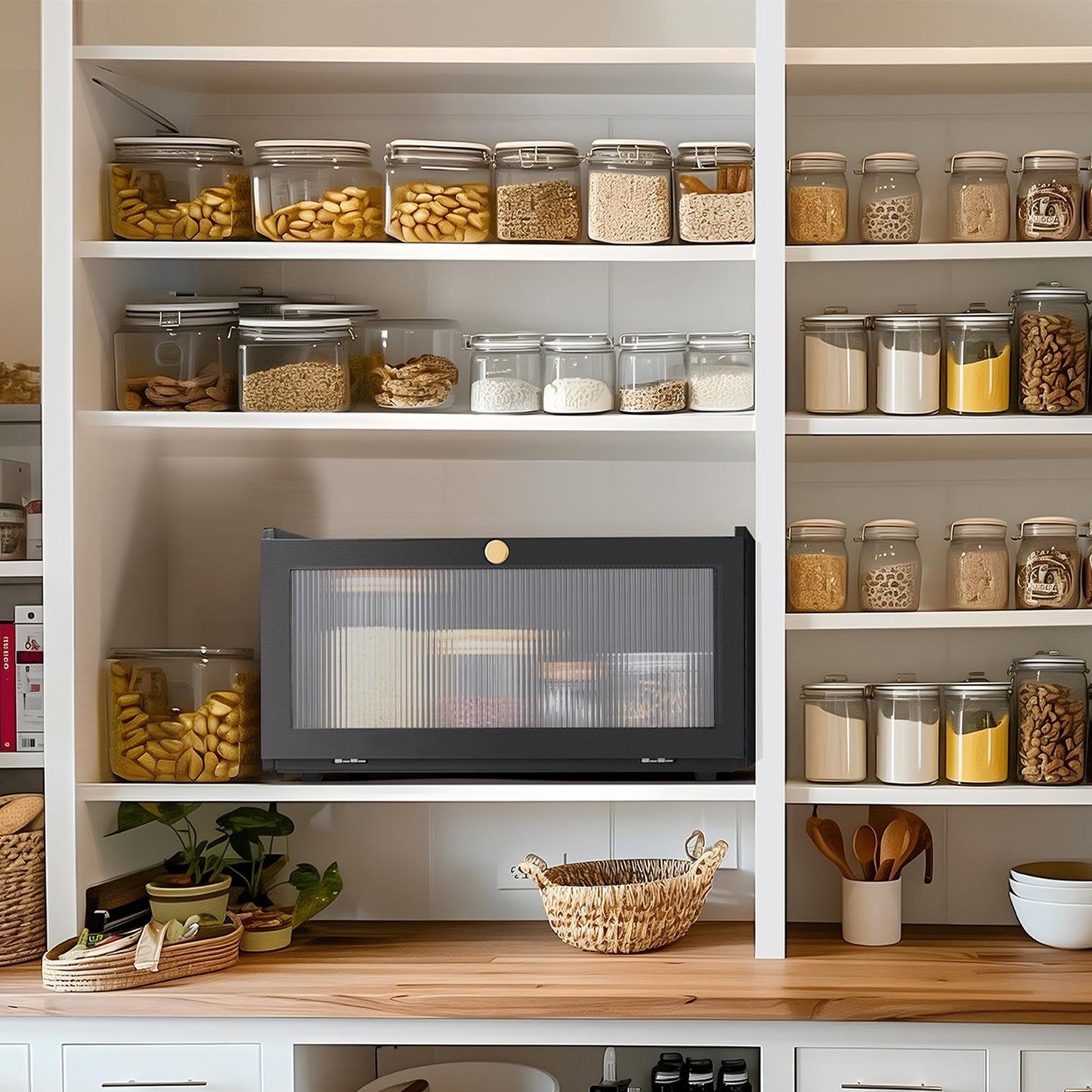 ETMI Black Bread Box for Kitchen Countertop-Large Modern bamboo Bread box with Window Bread Storage Container