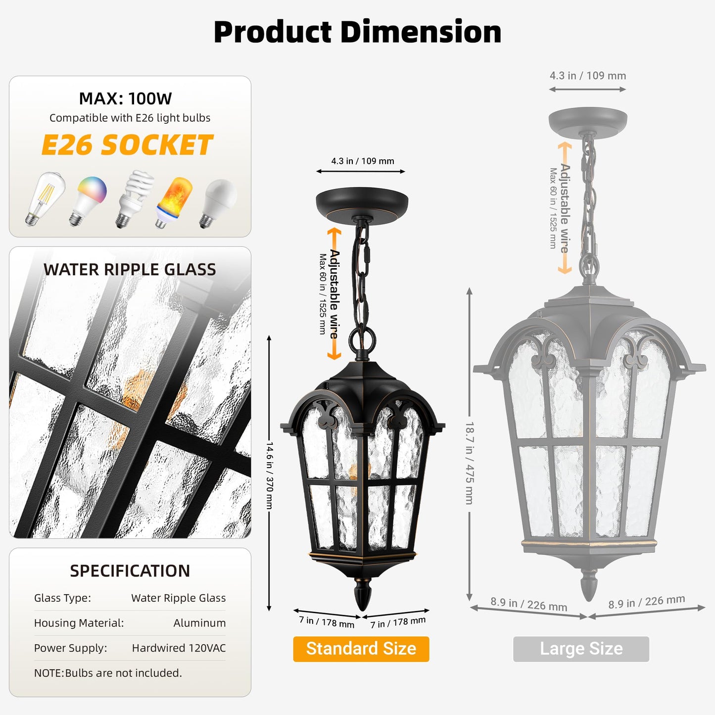 VIANIS Black Outdoor Pendant Light Lantern with Gold Trim, Outdoor Hanging Lights with Ripple Glass, Aluminum Outside Chandelier for Porch Waterproof and Anti-rust, Ceiling Fixtures for House Entryway