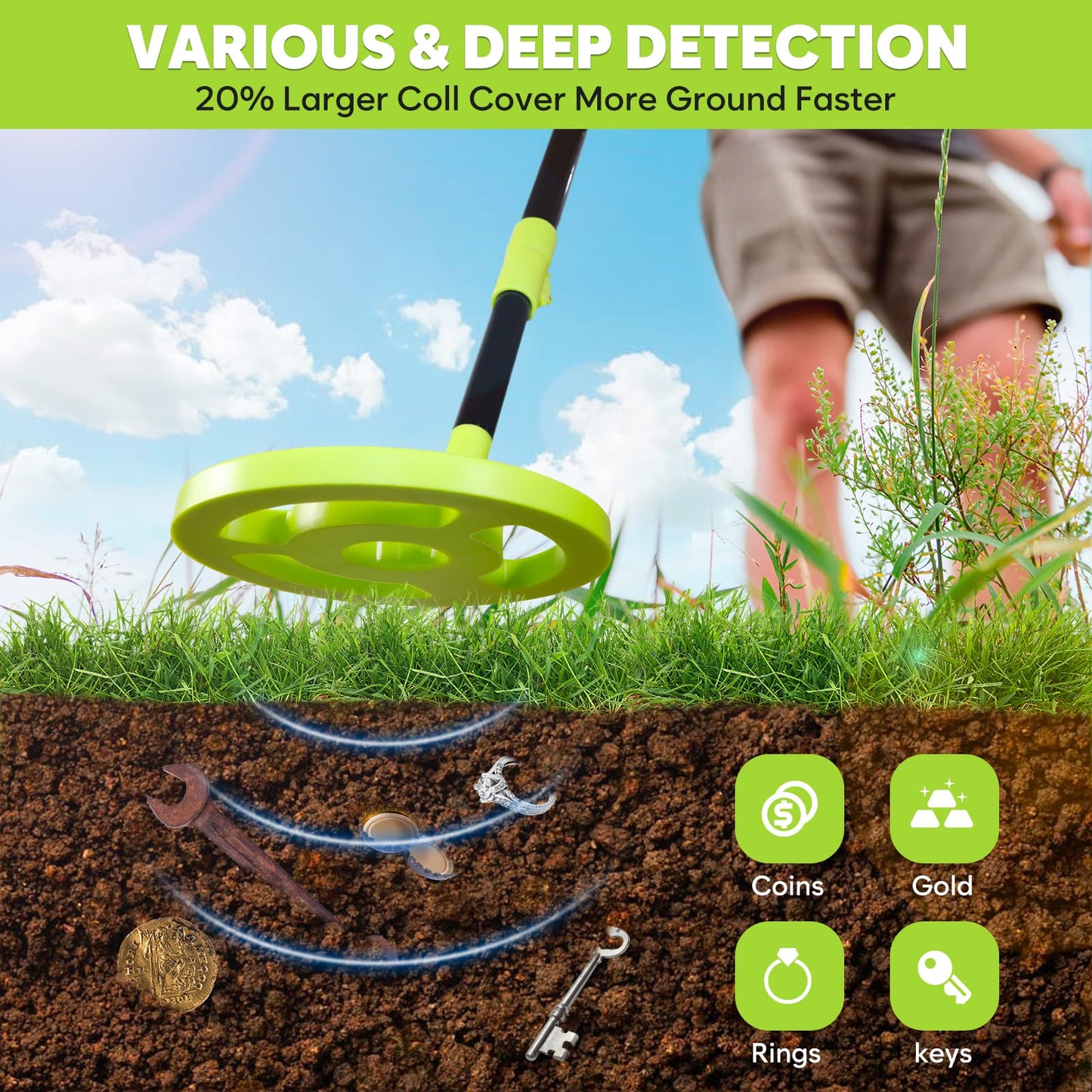 Metal Detector for Kids, iTayga Adjustable Kids Metal Detector(24"-35"), High Accuracy Coil Professional Waterproof Foldable Metal Detector, Very Lightweight(Only 0.88 Pouds) for Junior & Youth,Green