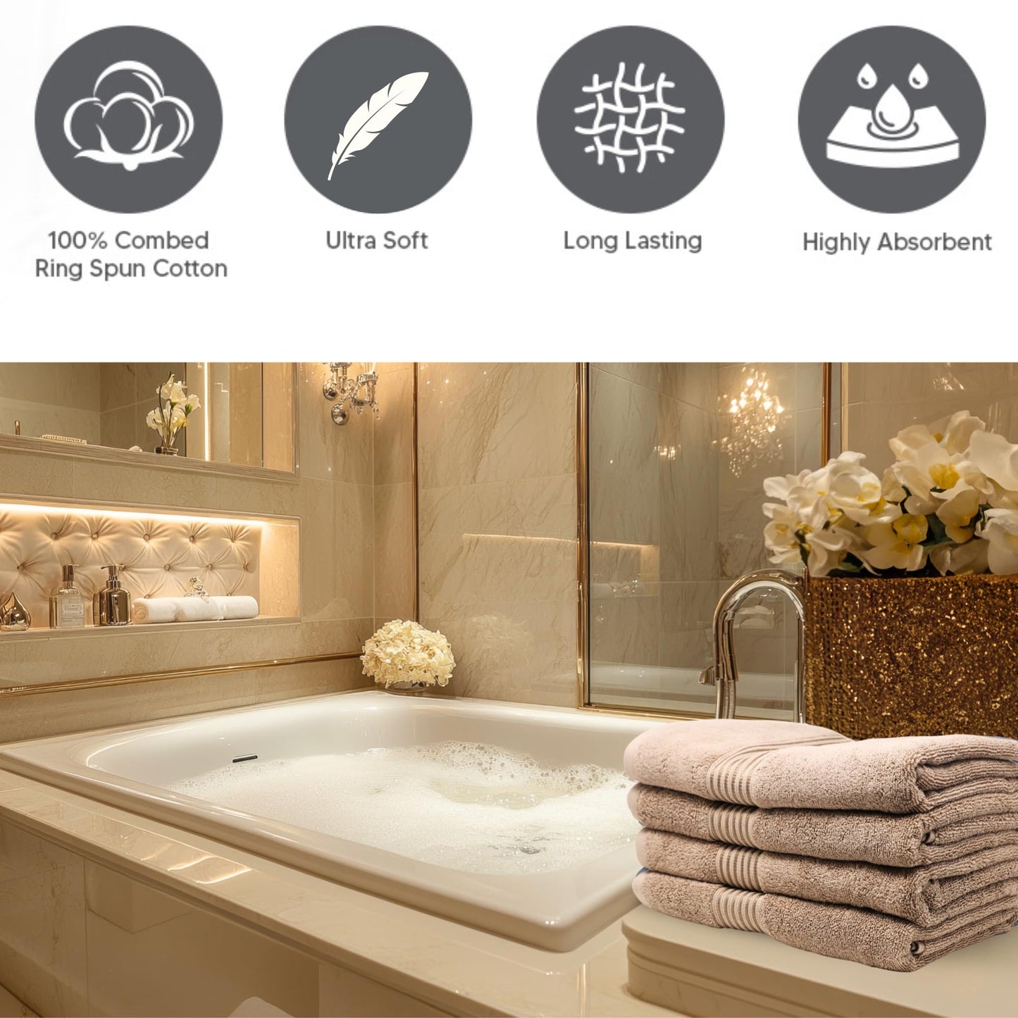CasaFlow Luxury Bath Towels, 27 x 54 Inch, Set of 4 – 100% Ring Spun Cotton, 550 GSM, Ultra Soft & Highly Absorbent, Quick Dry, Double Stitched – Beige