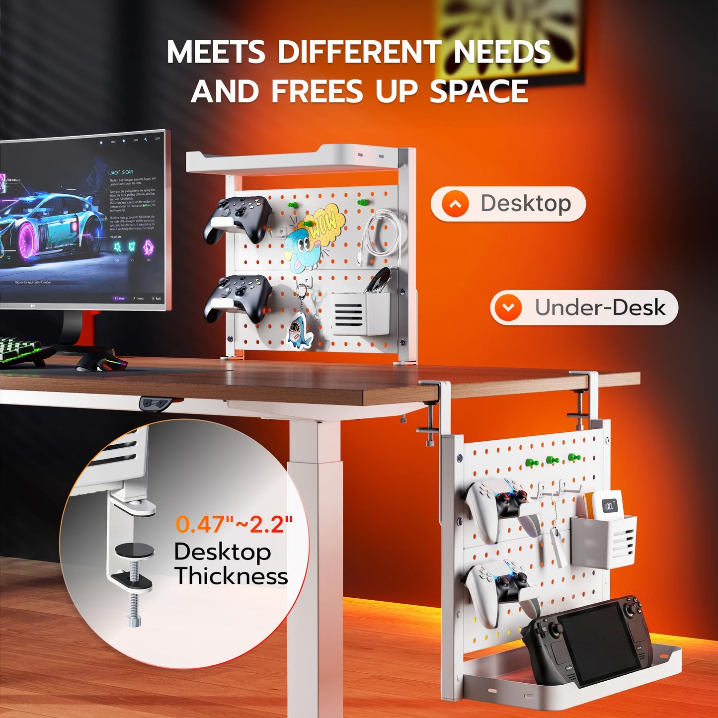 ARES WING Clamp On Desk Pegboard with 16 inches Organizer Shelf, Adjustable Above or Under Desk Storage Shelf Holds 44 lbs, Magnetic Metal Peg Board for Office and Gaming Accessories, White