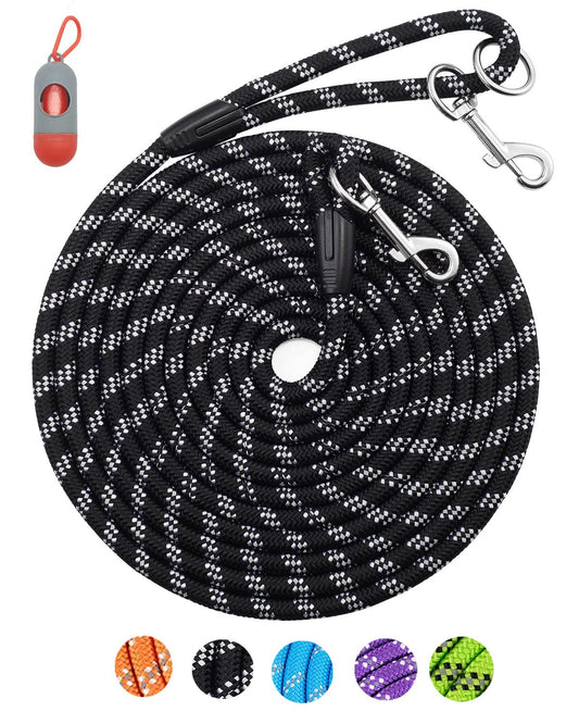 100FT Black Long Leashes for Dog Training, Reflective Threads Check Cord Recall Training Agility Dog Lead for Large Medium Small Dogs, Dog Tie-Out Cable Great for Playing, Camping, or Backyard