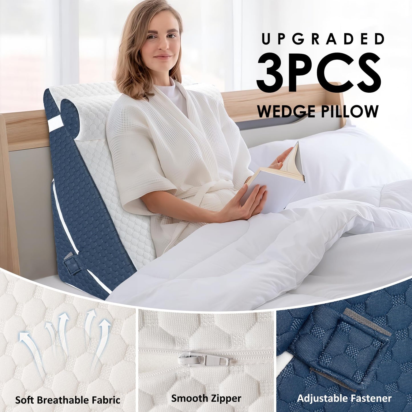 Bed Wedge Pillow for Sleeping, Adjustable 7 &12 Inch Foam Wedge Pillow for Post Surgery, Elevated Triangle Pillow for Acid Reflux, Back Pain Relief, Leg Support，3pack