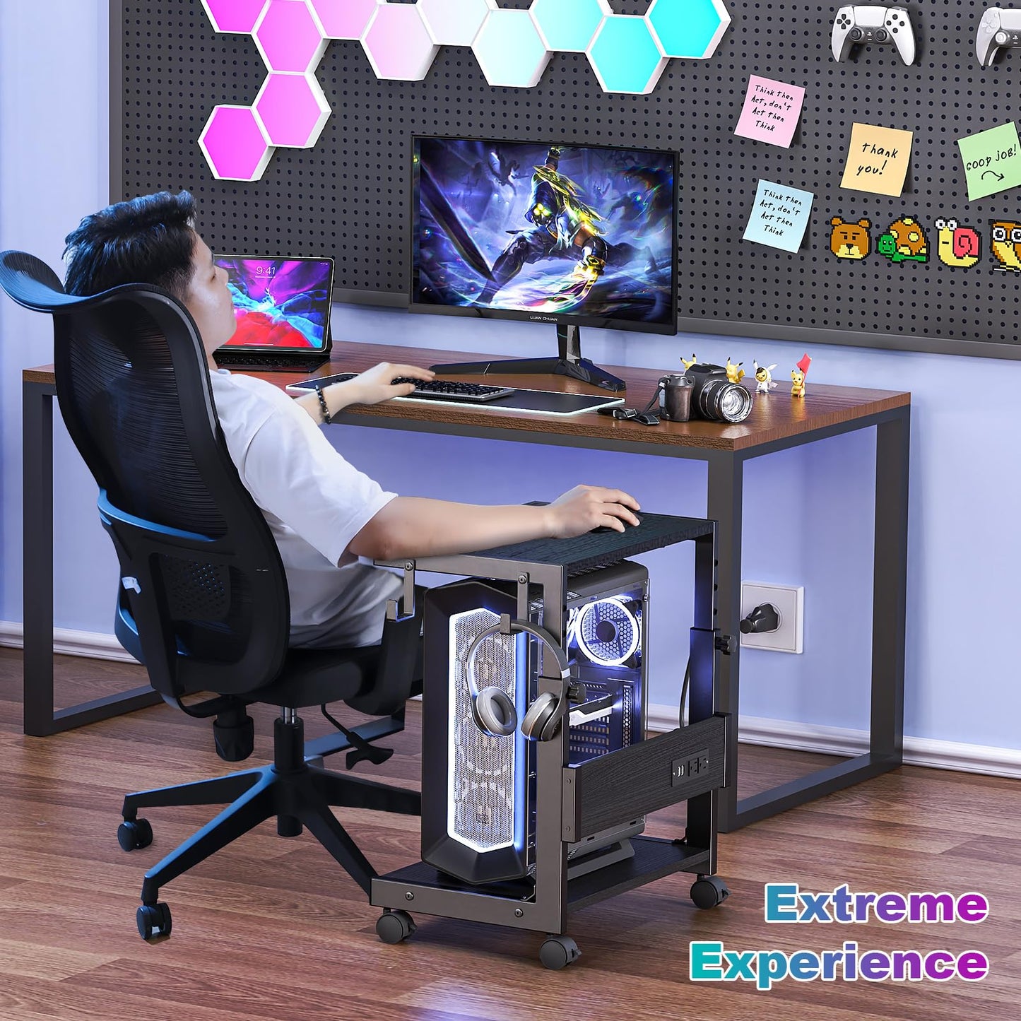Hovadova Computer Tower Stand with Charge Station and USB Charging Port - Height Adjustable PC Tower Stand, Under Desk CPU Holder Cart with Locking Caster Wheels for Fits Most PC