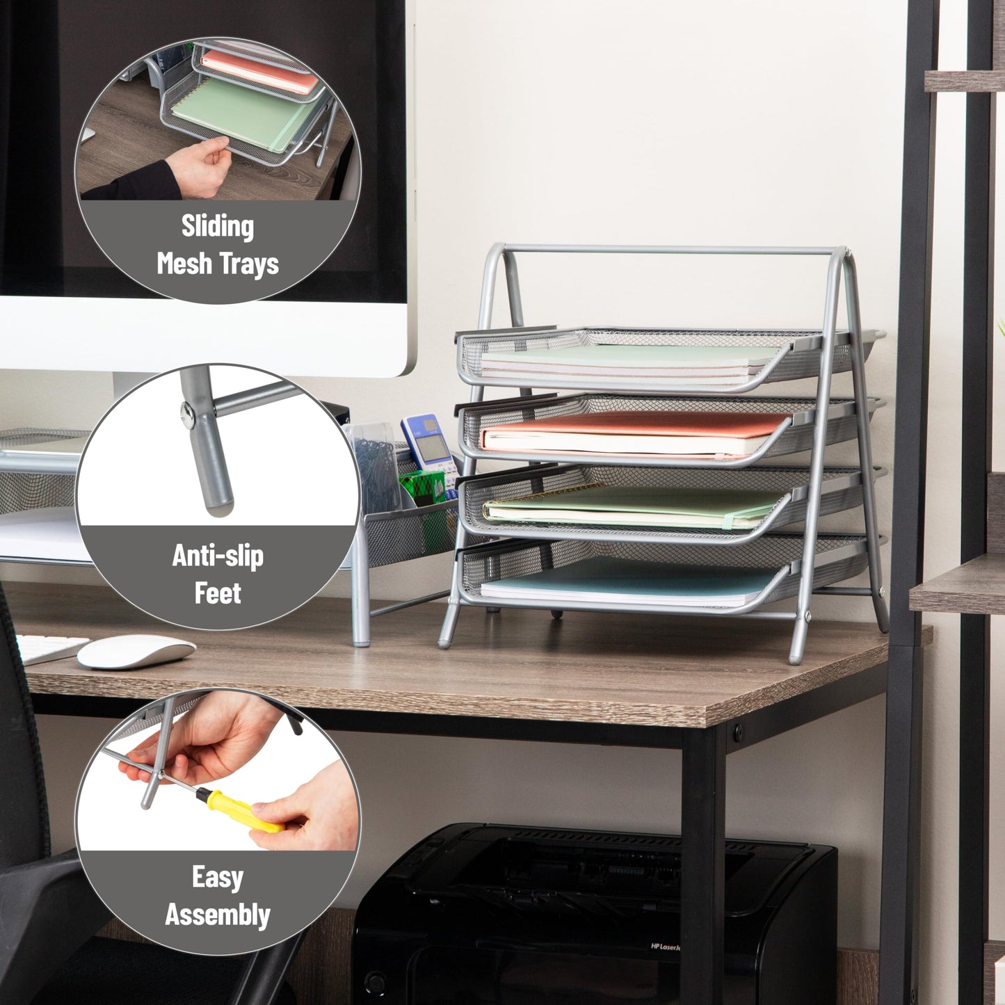 Mind Reader 4-Tier Paper Tray Organizer, Desktop File Sorter with Handle, Document Storage, Slide-Out Trays, Metal Mesh, Silver