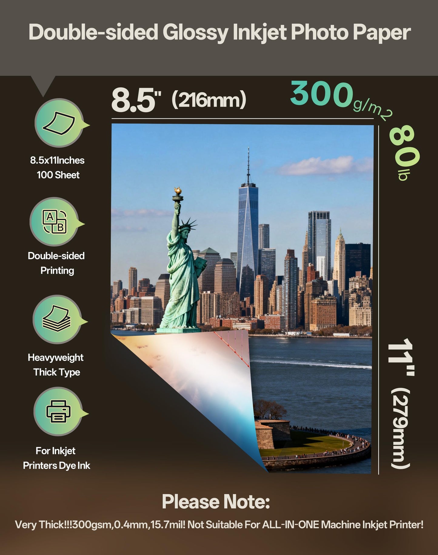Uinkit 100 Sheets Thick Heavyweight Photo Paper Inkjet Double Sided Glossy Cardstock 80lb 300Gsm 15.7Mil for Dye Ink Printer A149