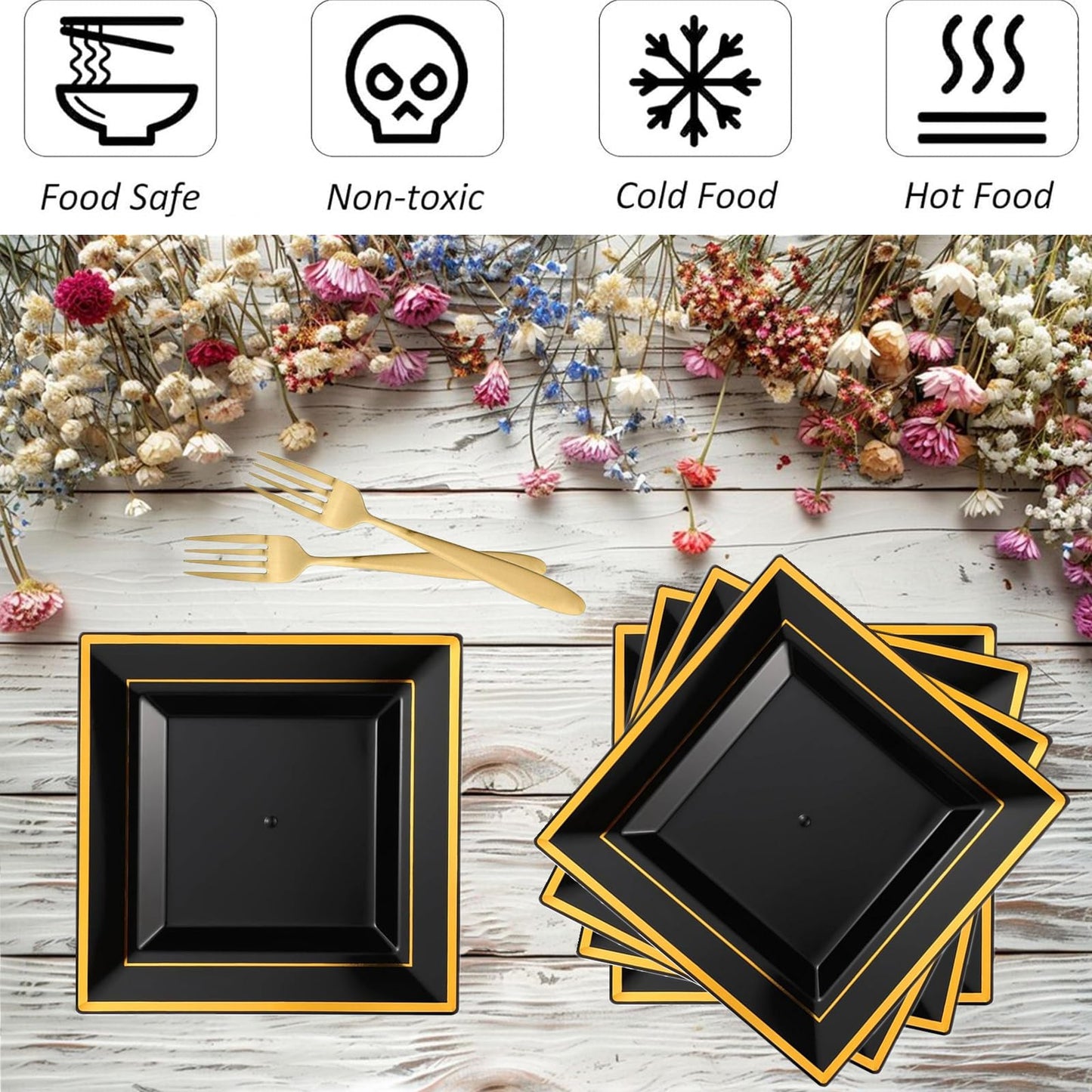 100 Pcs Black and Gold Plastic Plates 6.5 Inch Square Dessert Plates Small Cake Plate Elegant Appetizer Trays Disposable for Gathering Birthday Wedding Halloween Party