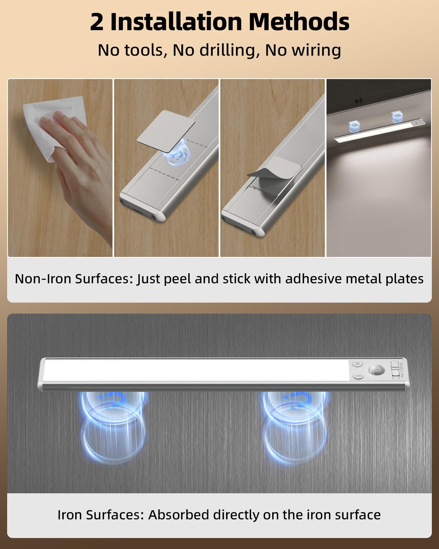 EZVALO Under Cabinet Lighting, 4000mAh Rechargeable Motion Sensor Light Indoor, Dimmable Magnetic Closet Lights with 3 Color Temps, Wireless Under Counter Lights for Kitchen, Stairs (2 Pack-14.5inch)