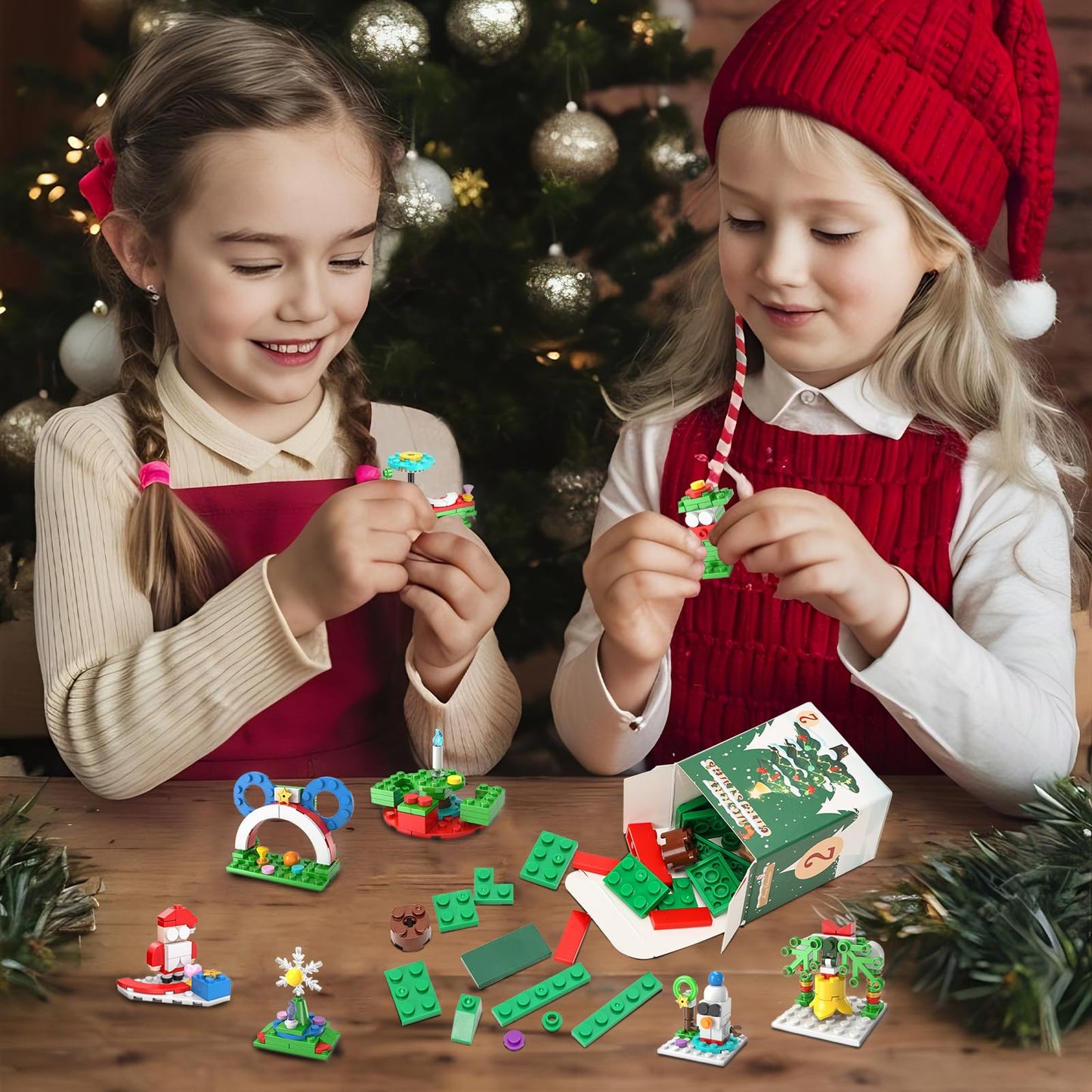 2025 Xmas Advent Calendar Building Blocks Toys 24-In-1 Christmas Tree Building Blocks 24 Days Surprise Christmas Countdown Calendar Buildings Block Toys for Christmas Gifts