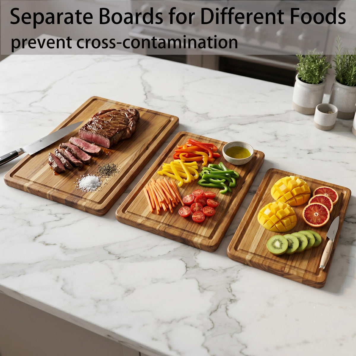 3 Pcs Teak Wood Cutting Board Set with Holder, Reversible Chopping Boards with Deep Juice Groove