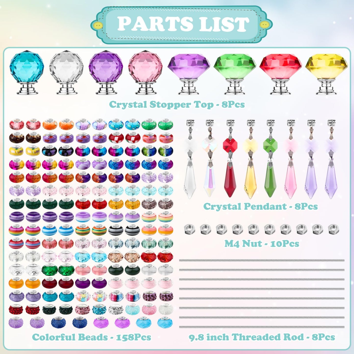 192Pcs DIY Fairy Wand Beaded Garden Stakes Kit, Fairy Wands Kit with Sparkling Crystal Pendants, Suitable for Different Holidays Garden Stakes Decorative Outdoor Beadable Items(10IN)