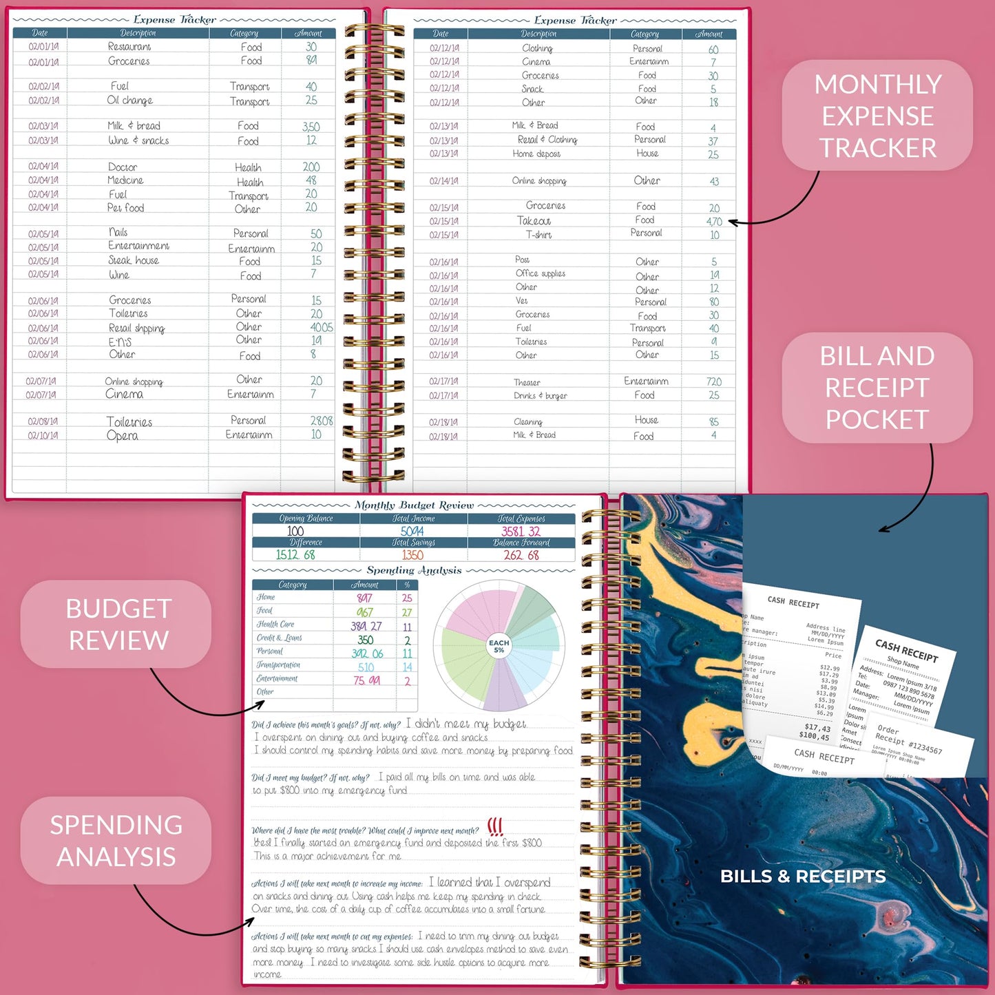 GoGirl Budget Planner & Monthly Bill Organizer – Monthly Financial Book with Pockets. Expense Tracker Notebook Journal to Control Your Money, A4-sized Spiral-bound Hardcover, Lasts 1 year – Hot Pink