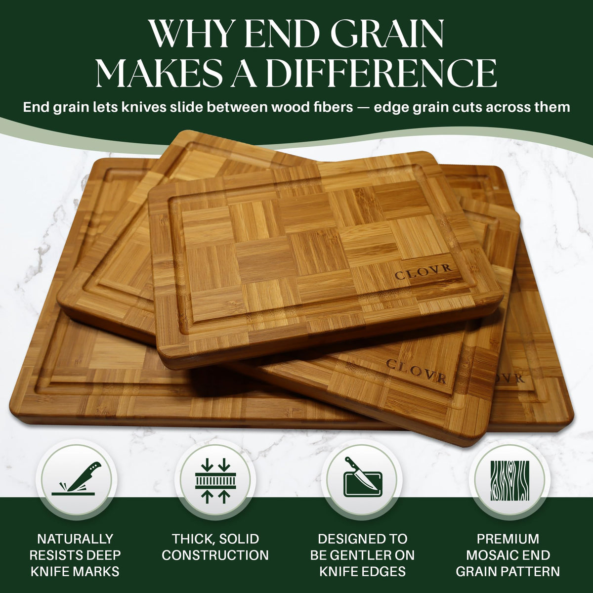 CLOVR End Grain Bamboo Cutting Board Set of 3 – Pre-Oiled Wood Cutting Boards for Kitchen with Handles, Juice Grooves & Non-Slip Pads – Small, Medium & Large Chopping Boards for Meat & Charcuterie