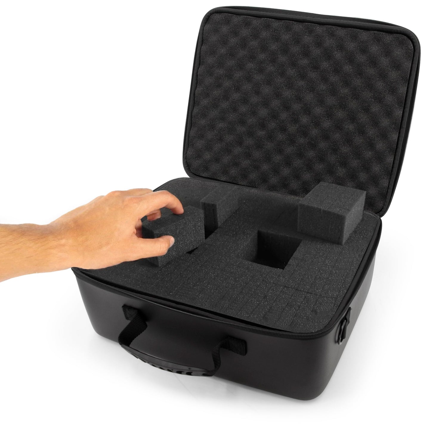 CASEMATIX Mixer Case Compatible With Behringer Flow 8 and Xenyx 802s, 502s, 1002sfx, 1202sfx and Audio Accessories with Two Customizable Foam Trays, Fits DJ Mixers up to 13.5" x 10.5" x 2.2", Black,