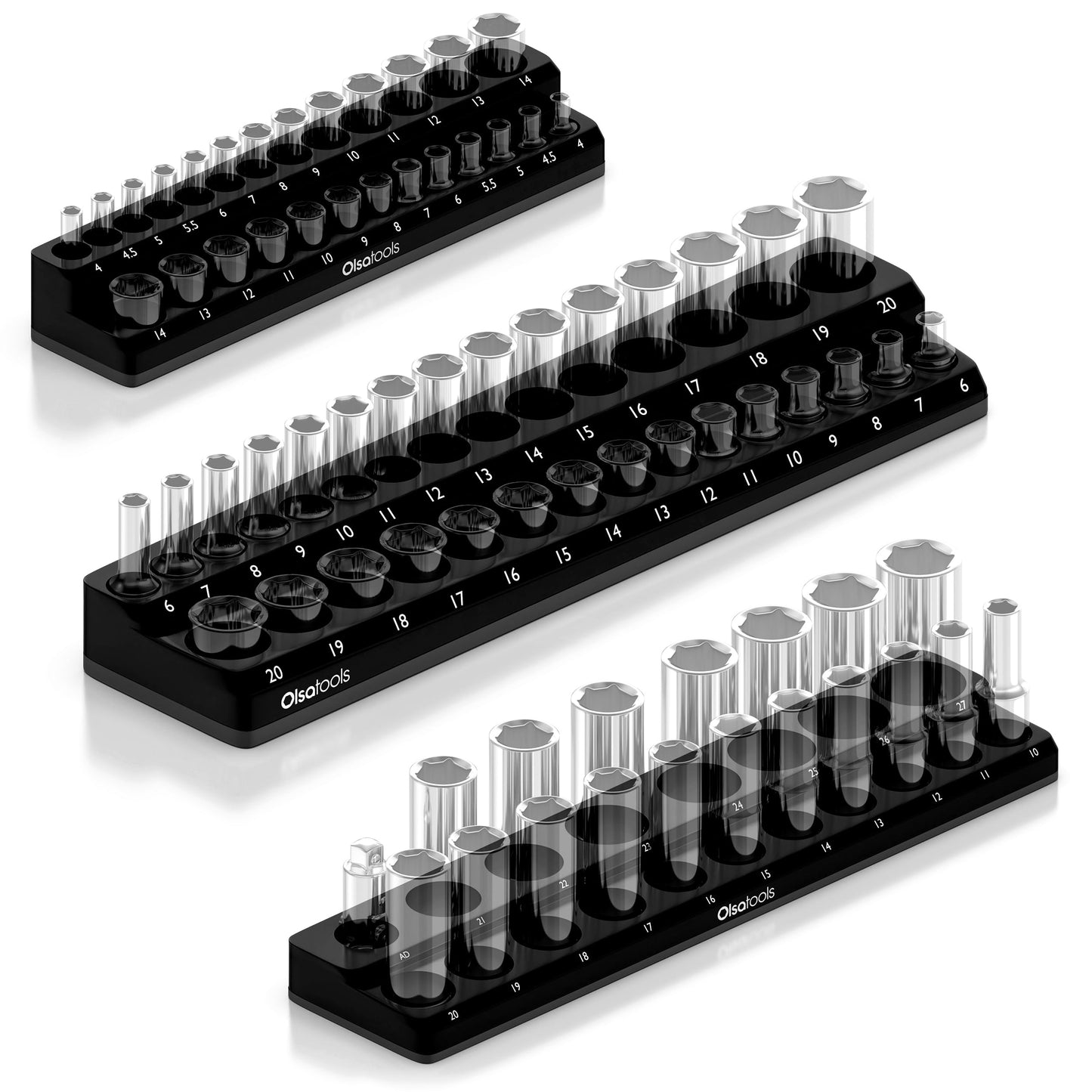 Olsa Tools Magnetic Socket Organizer - 3 Piece Socket Holder Kit - 1/2-Inch - 3/8-Inch - 1/4-Inch Drive - Metric - Black - Holds 75 Sockets - Professional-Grade - Part: 1151