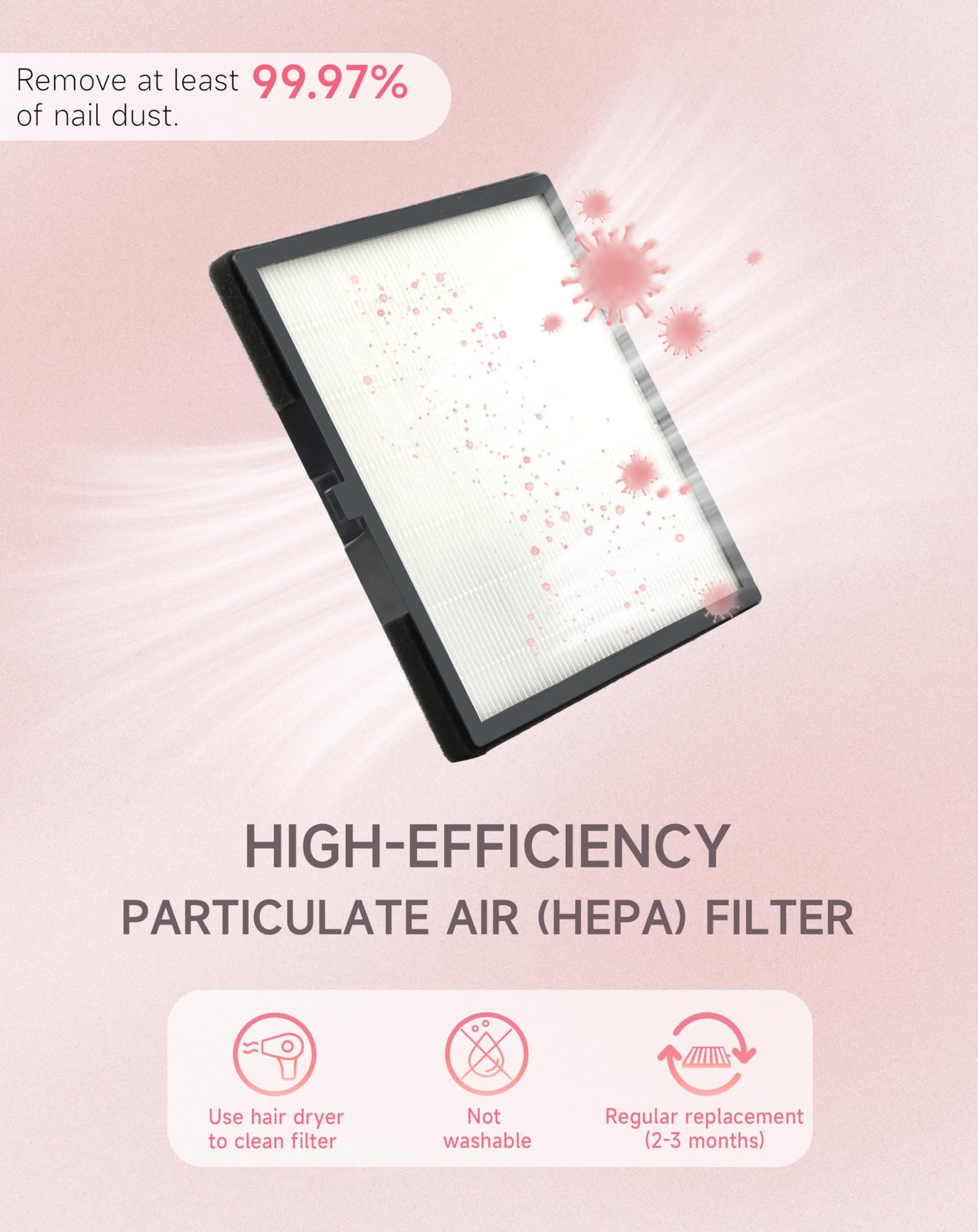 BRANTMAKER Nail Dust Collector with Brush and 2 Reusable Filters, 60W Vacuum Dust Fan for Acrylic Nails (Pink)