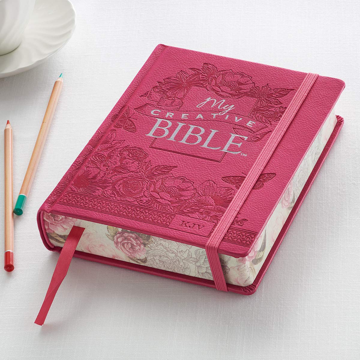 KJV Holy Bible, My Creative Bible, Faux Leather Hardcover - Ribbon Marker, King James Version, Pink Floral W/Elastic Closure