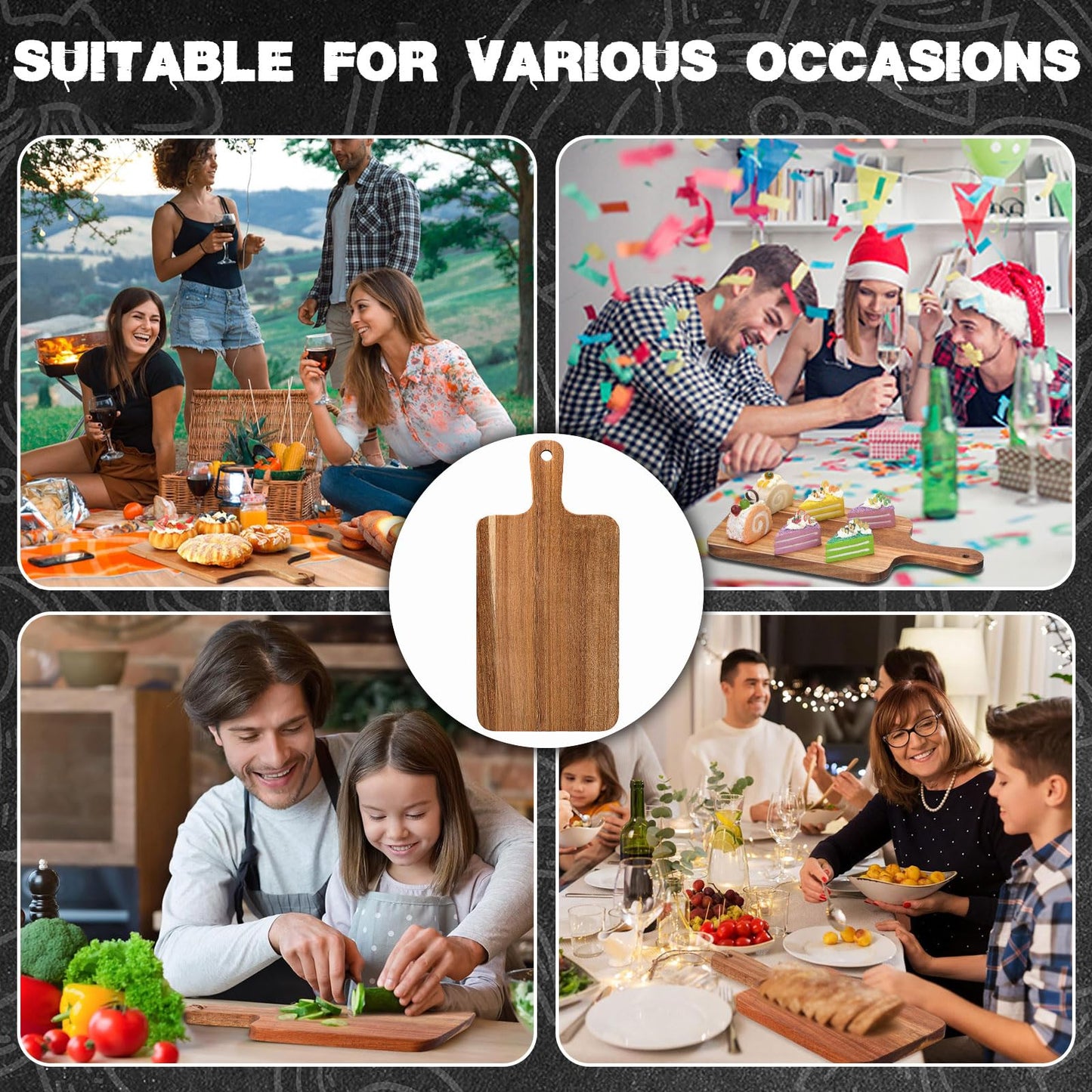 Acacia Wood Cutting Board, 8 Pcs, 15.7 x 7.8 Inch Wooden Serving Board with Handles, Large Kitchen Chopping Boards for Pizza, Bread, Cheese, Charcuterie, Fruit, Vegetables