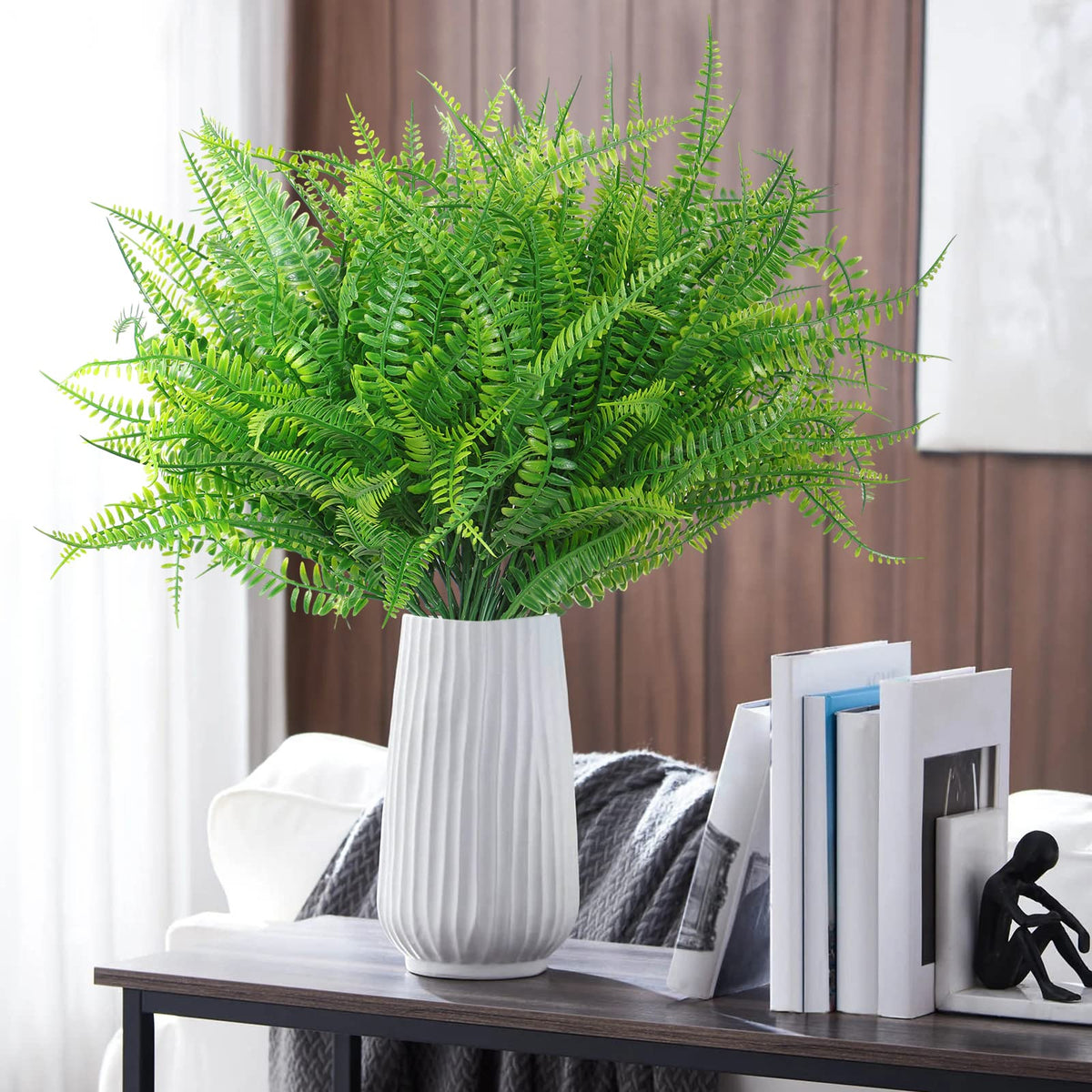 KHOYIME 20 Bundles Artificial Plants Outdoor Indoor Fake Boston Fern Bushes, Faux Plastic Greenery Shrub Green Stem Plant Bulk UV Resistant Outside Spring Summer Decor for Home Garden Porch Window Box