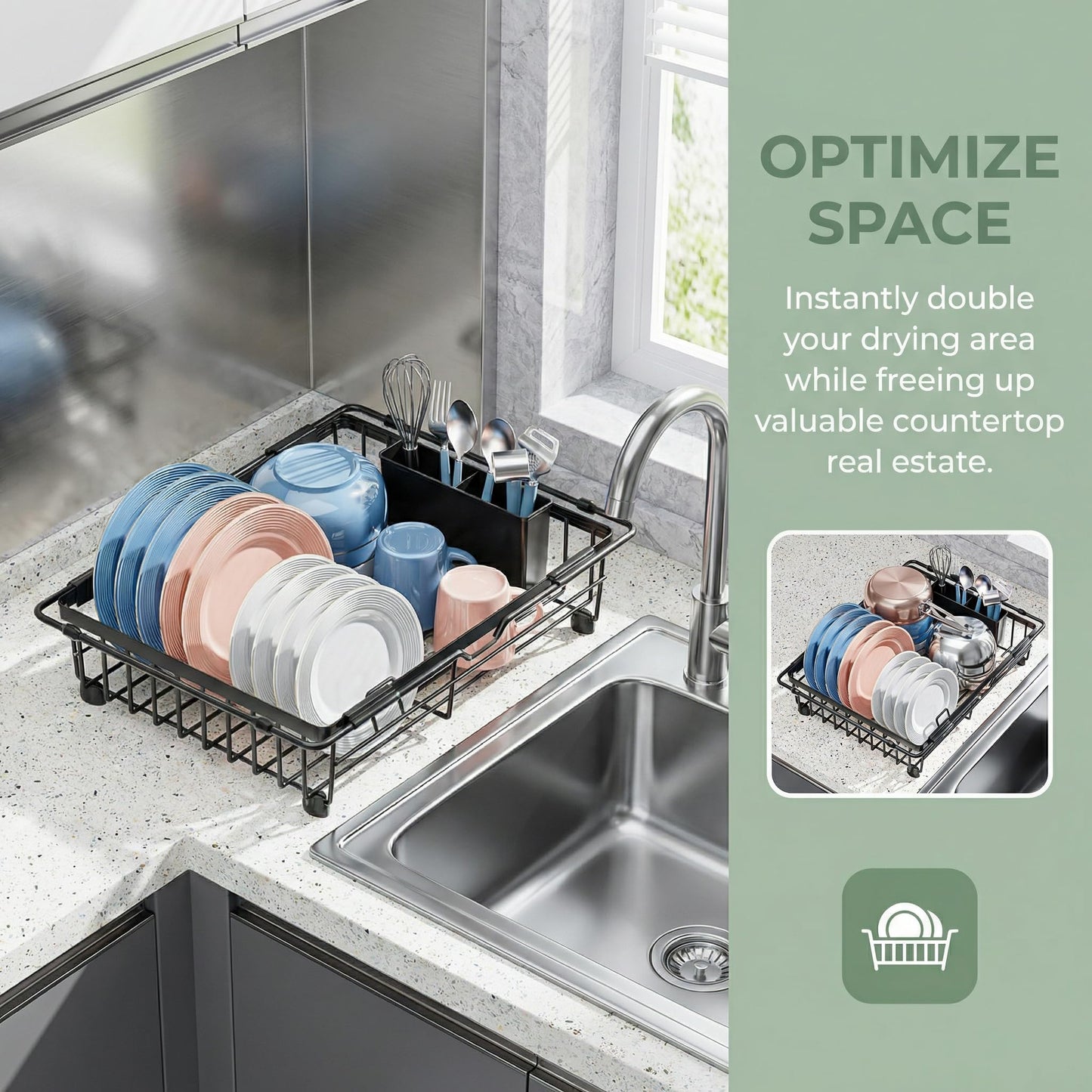 Expandable in Sink Dish Drying Rack - Adjustable Capacity Over The Sink Dish Drainer Drying Rack with Utensil Holder for Kitchen Counter, Drying Rack for Small Space,14.37“-21.06”L x 11.81“W x 3.74”D